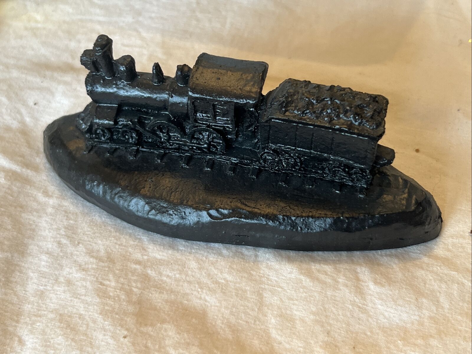 Vintage Hand Carved out of Coal Steam Engine Train  1980 With Coal Base
