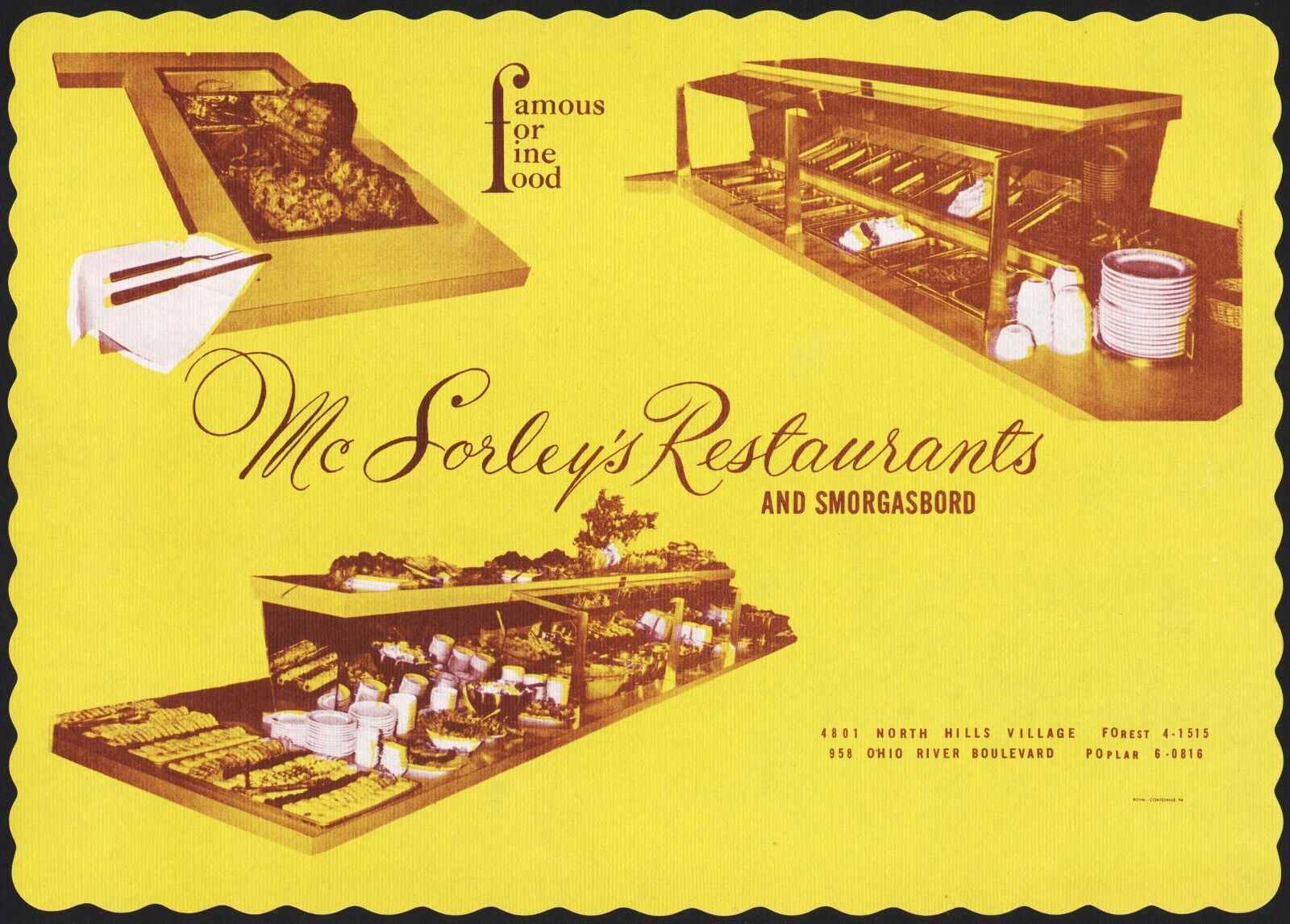 Vintage placemat McSORLEYS RESTAURANTS Smorgasbord pics Pittsburgh Pennsylvania