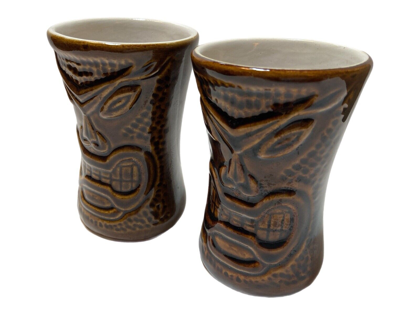 2 vintage Daga Hawaii ceramic tikki tumblers brown w/ white interior 5.25\