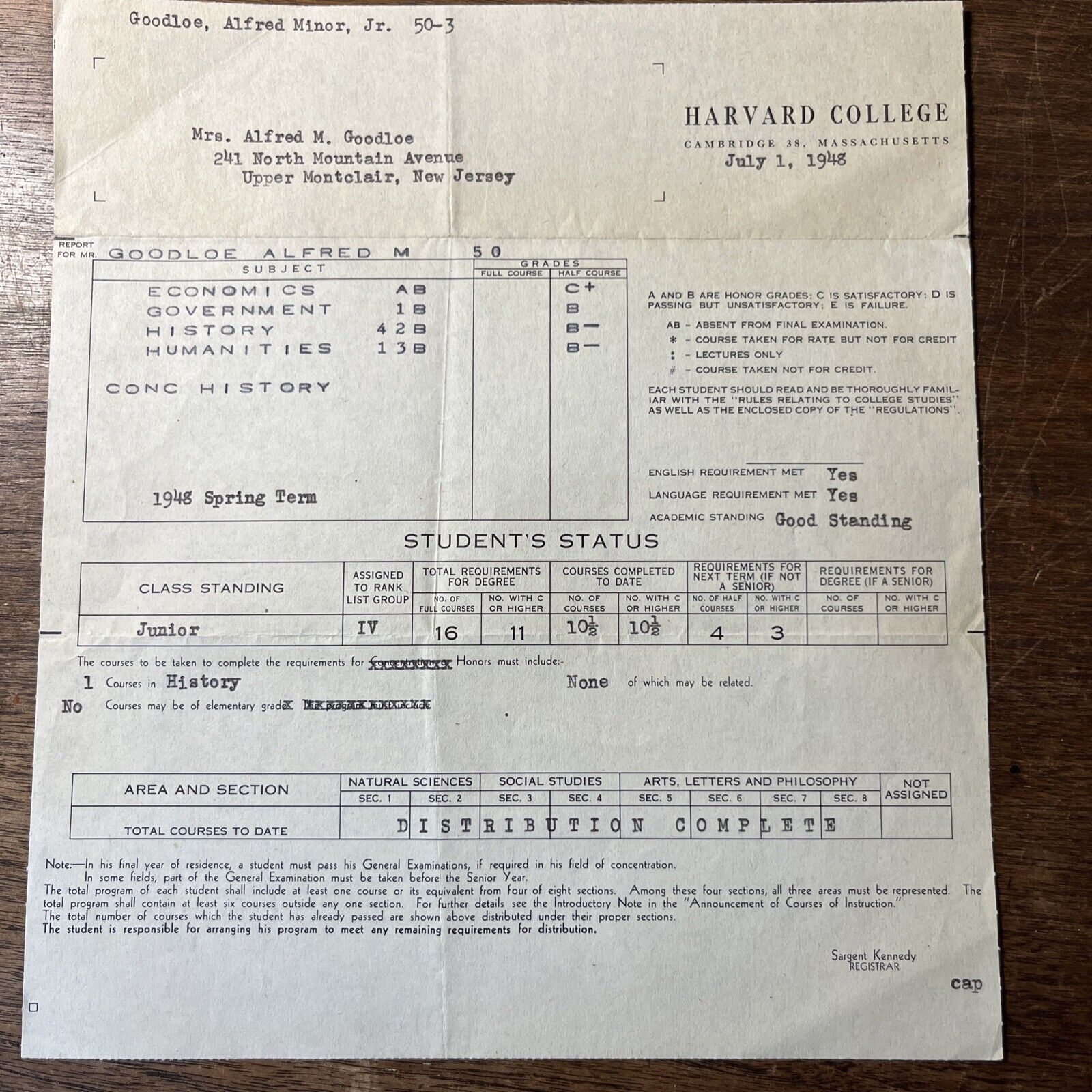Vintage 1948 Harvard University Report Card School Letterhead