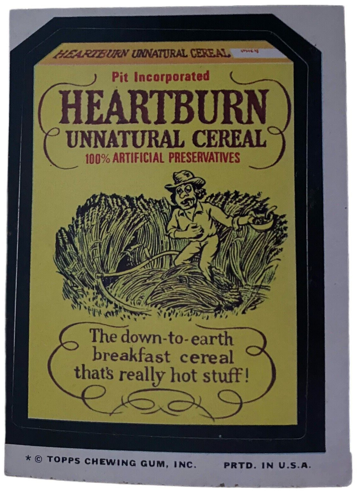 Vintage 1975 Topps WACKY PACKAGES Heartburn Unnatural Cereal Sticker