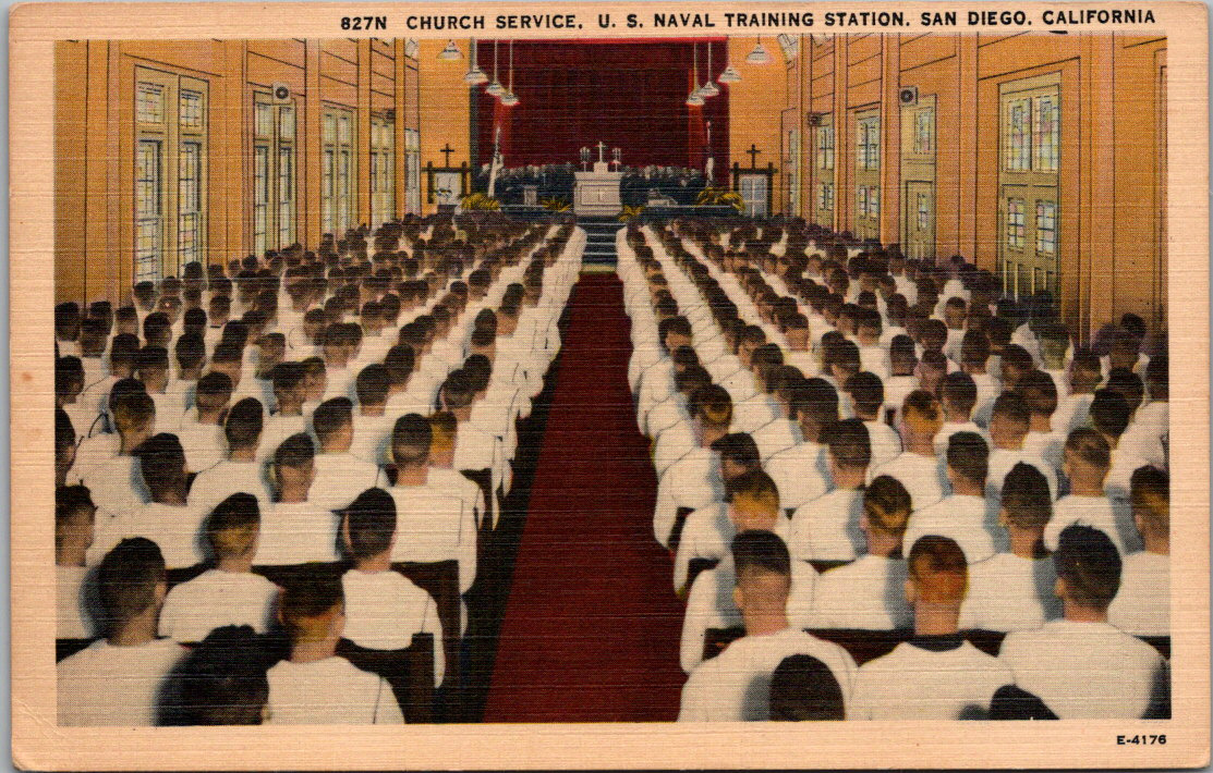 WWII US Naval Training Station San Diego CA Church Service Sailors White Uniform
