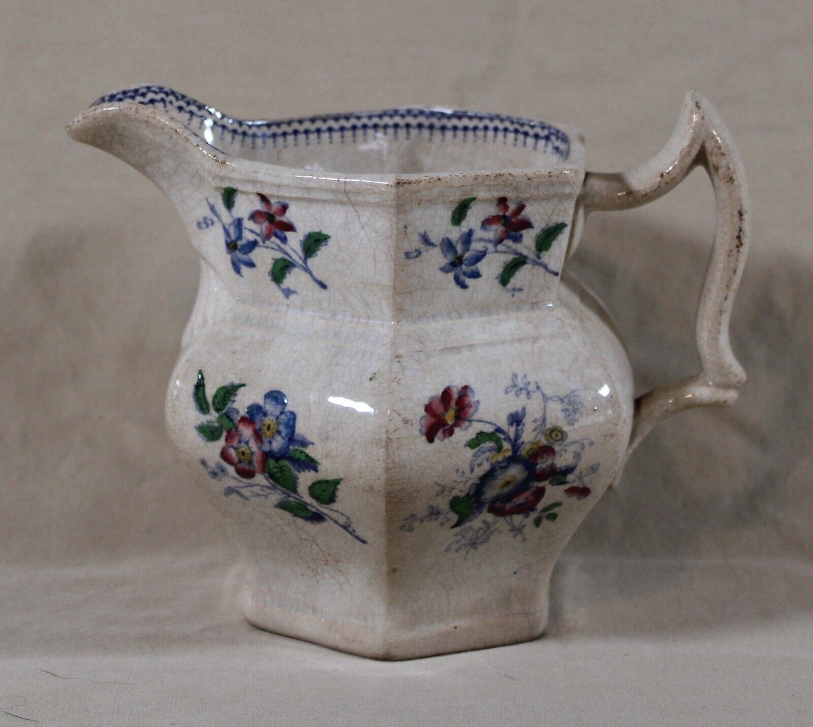 Antique Vintage Floral Stained Crazed Ironstone Pitcher Shabby Chic, 1880s