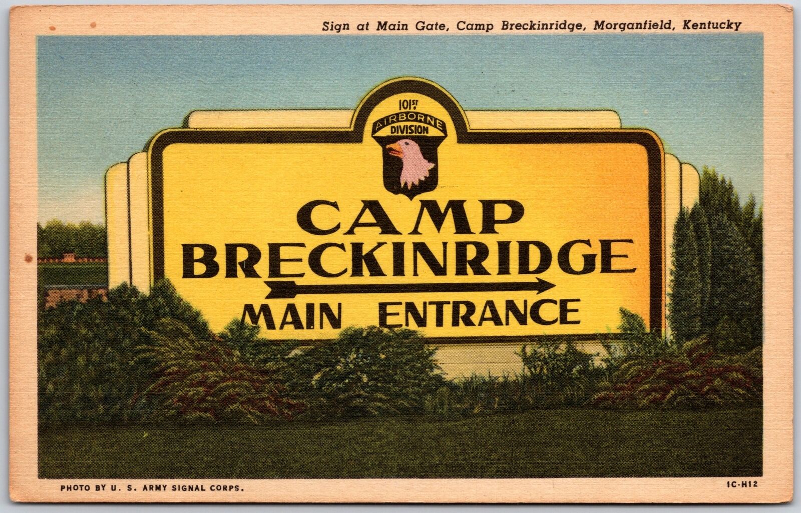 Morganfield Kentucky KY, 1957 Sign at Main Gate, Camp Breckinridge, Postcard