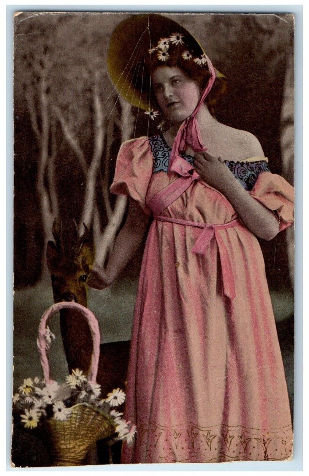 c1910\'s Pretty Woman Daisy Flowers In Basket Deer Gel Posted Antique Postcard