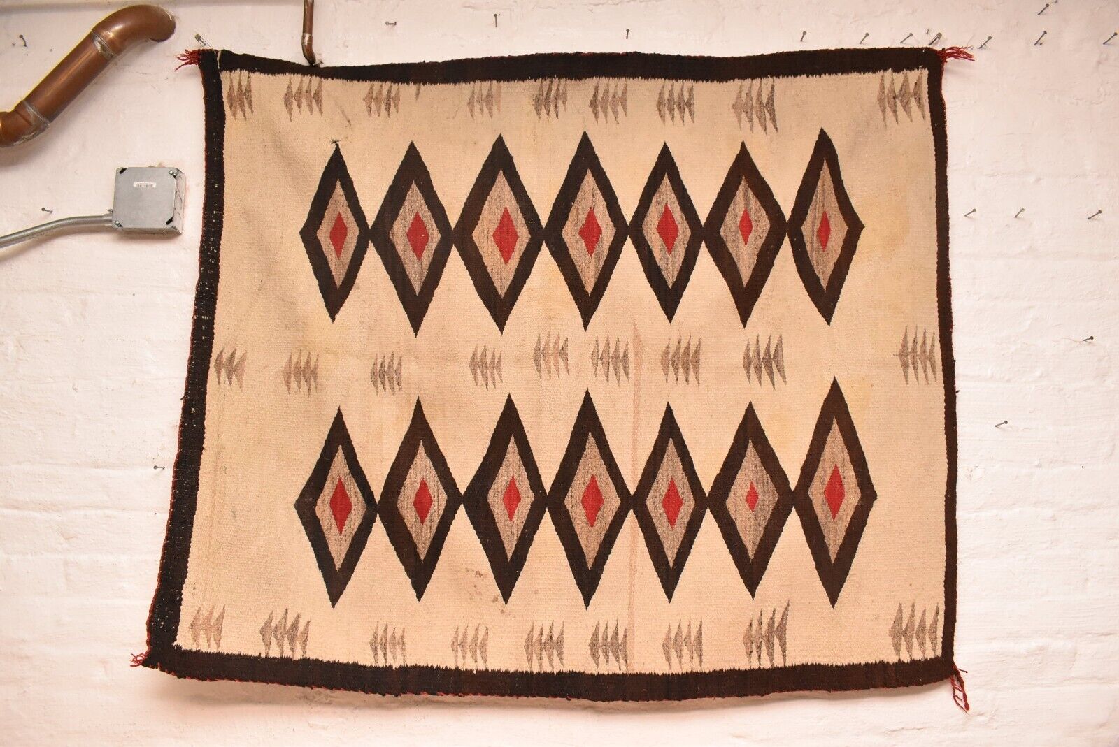 Antique Navajo Rug Textile Native American Indian Transitional Weaving 49x41 VTG