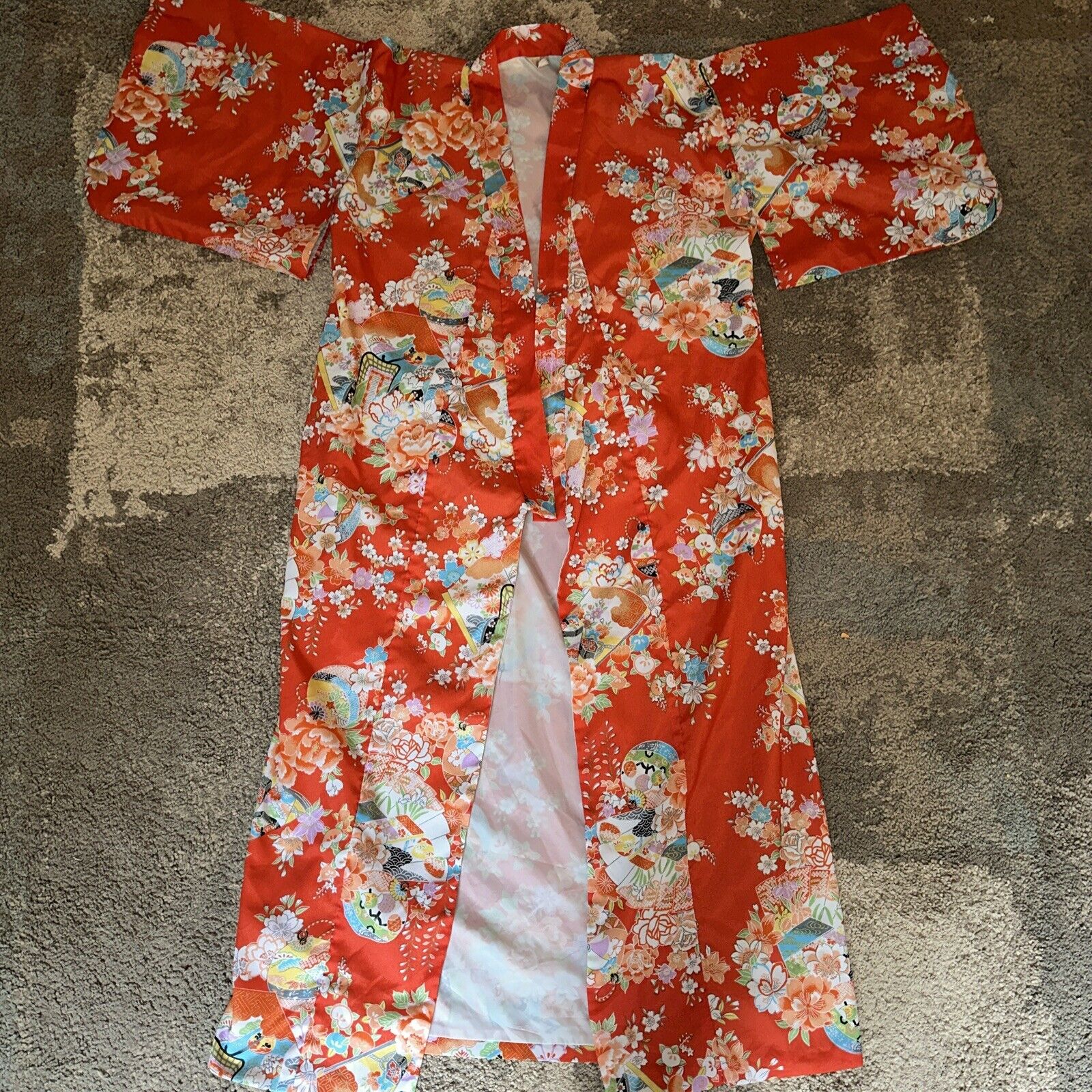 Vintage Oriental Size 50 Orange Floral Kimono Style Robe Duster Made in Japan