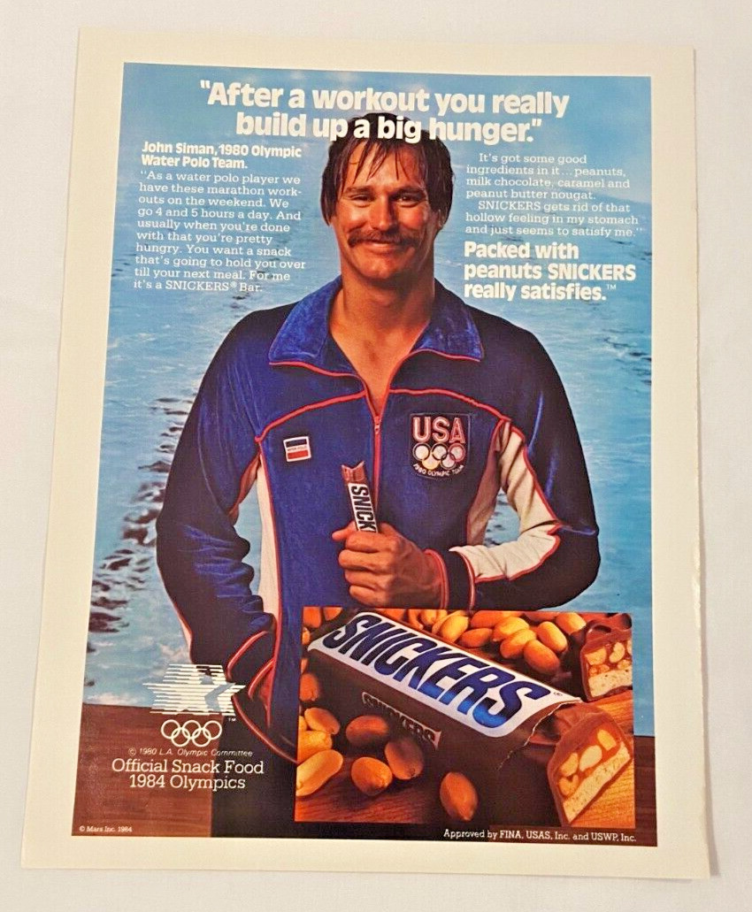 Snickers 1984 Olympic Sponsor Water Polo 1980 Vintage Print Ad 