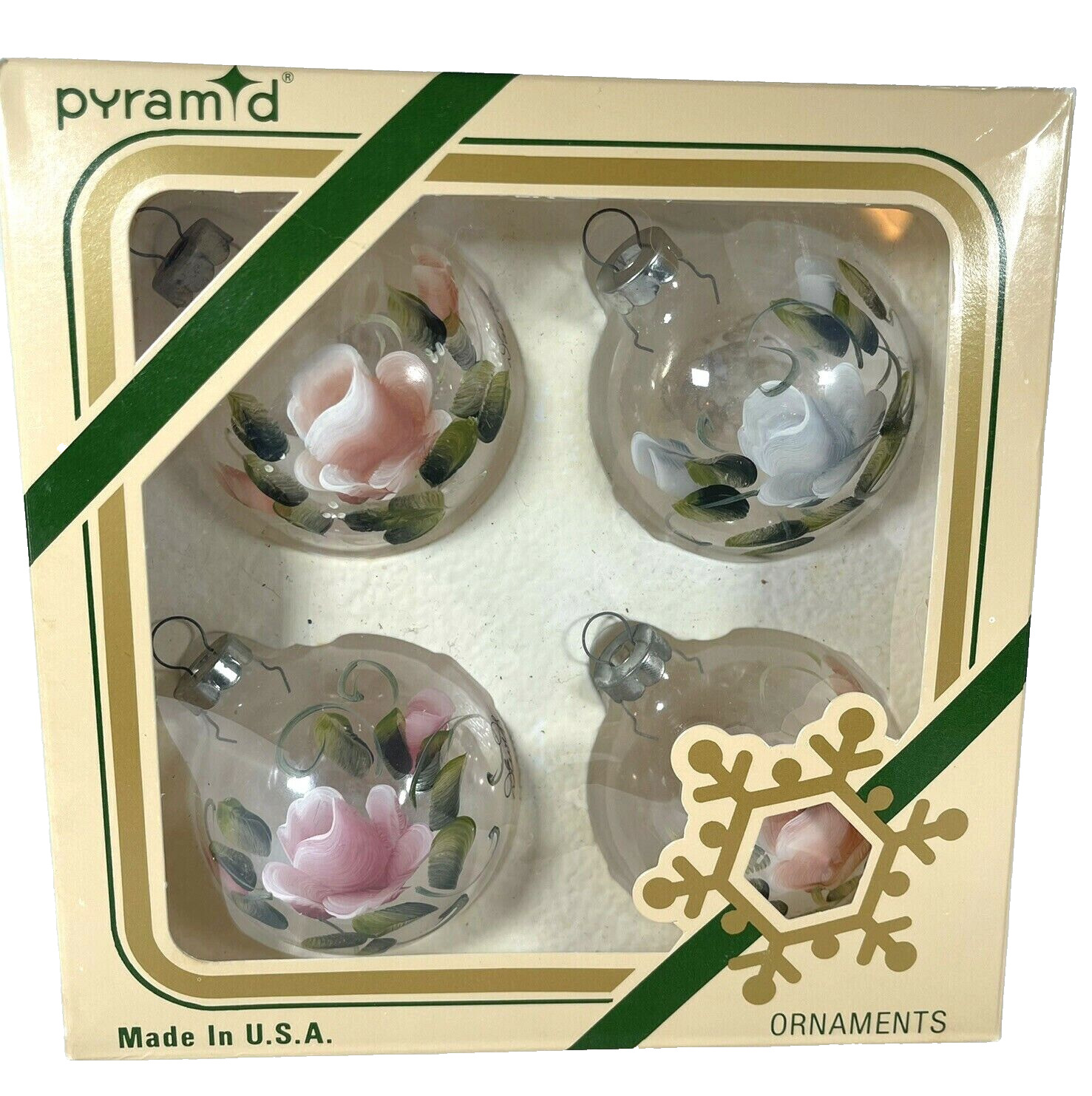 Vintage Pyramid Glass Christmas Tree Ornaments Hand Painted Roses Signed USA 