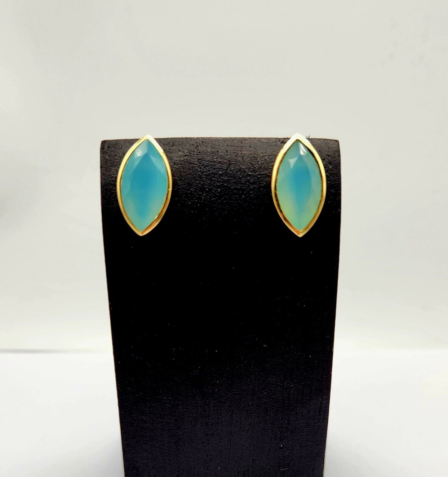Gold Overlay Solid Sterling Silver Blue Stone Inlay Post Earrings - 5.7g