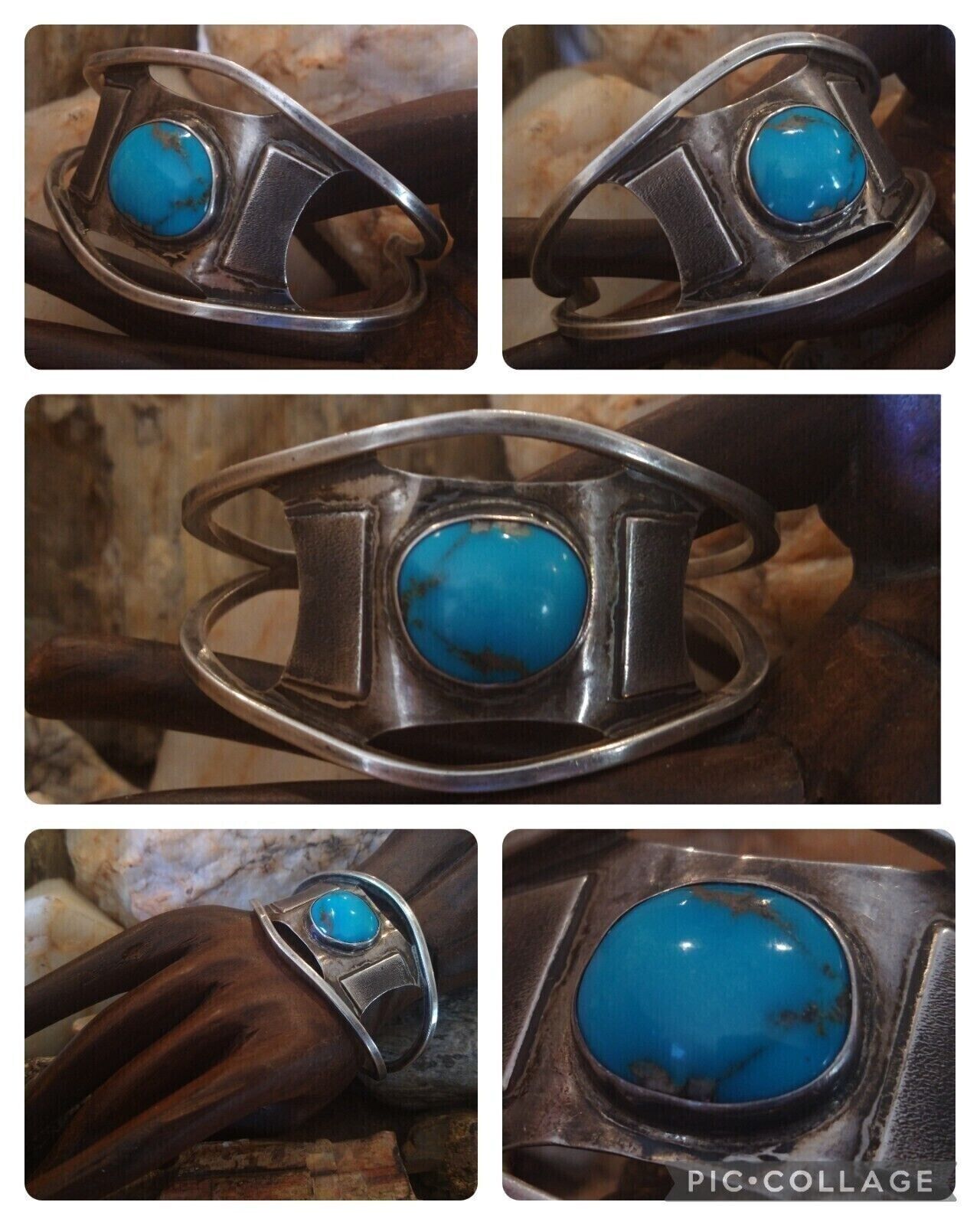 OLD PAWN 1950's Navajo “BLUE GEM TURQUOISE” Wide STERLING SILVER CUFF BRACELET