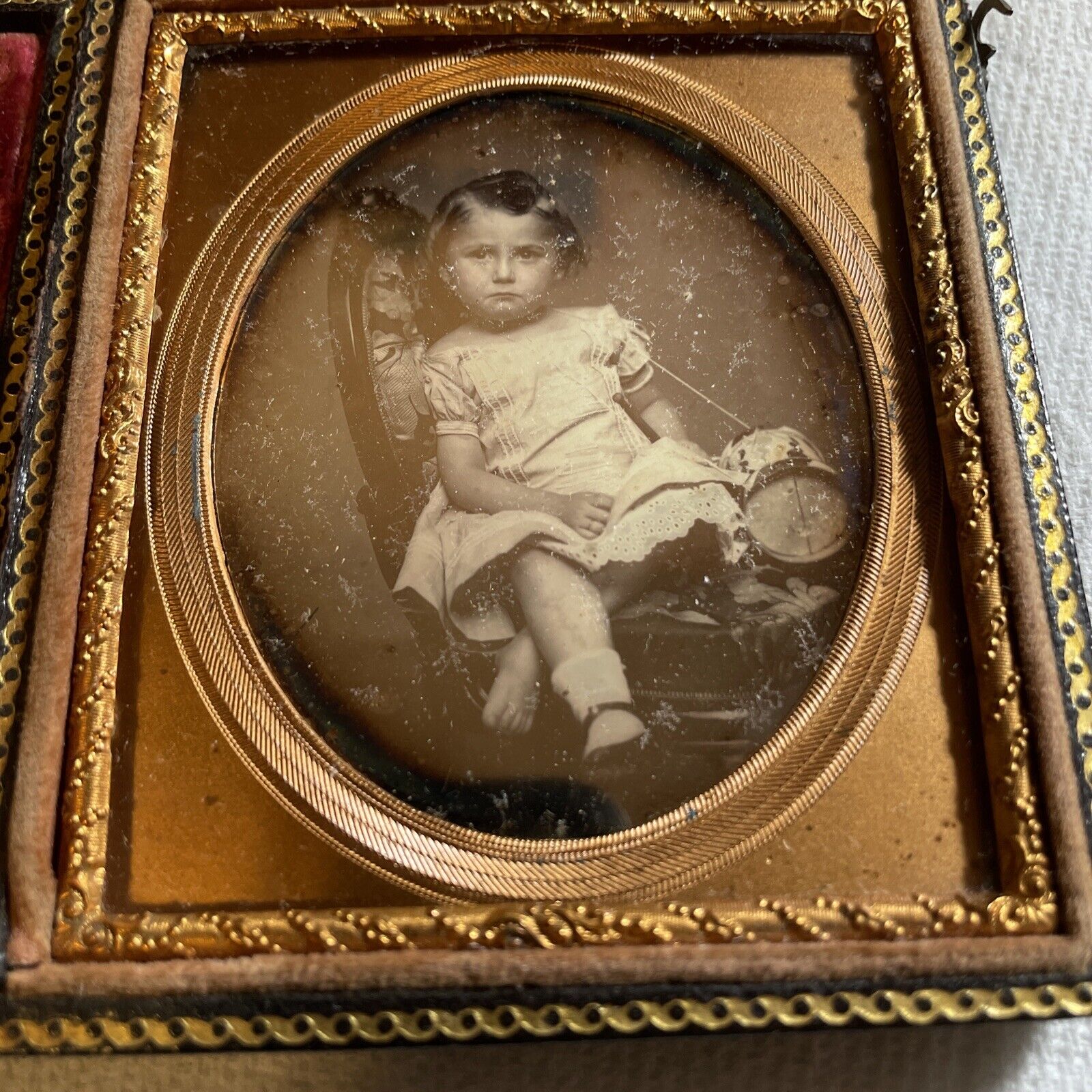 1/6 Plate Daguerreotype Child  Bare Foot holding strap Drum, off shoulder Dress