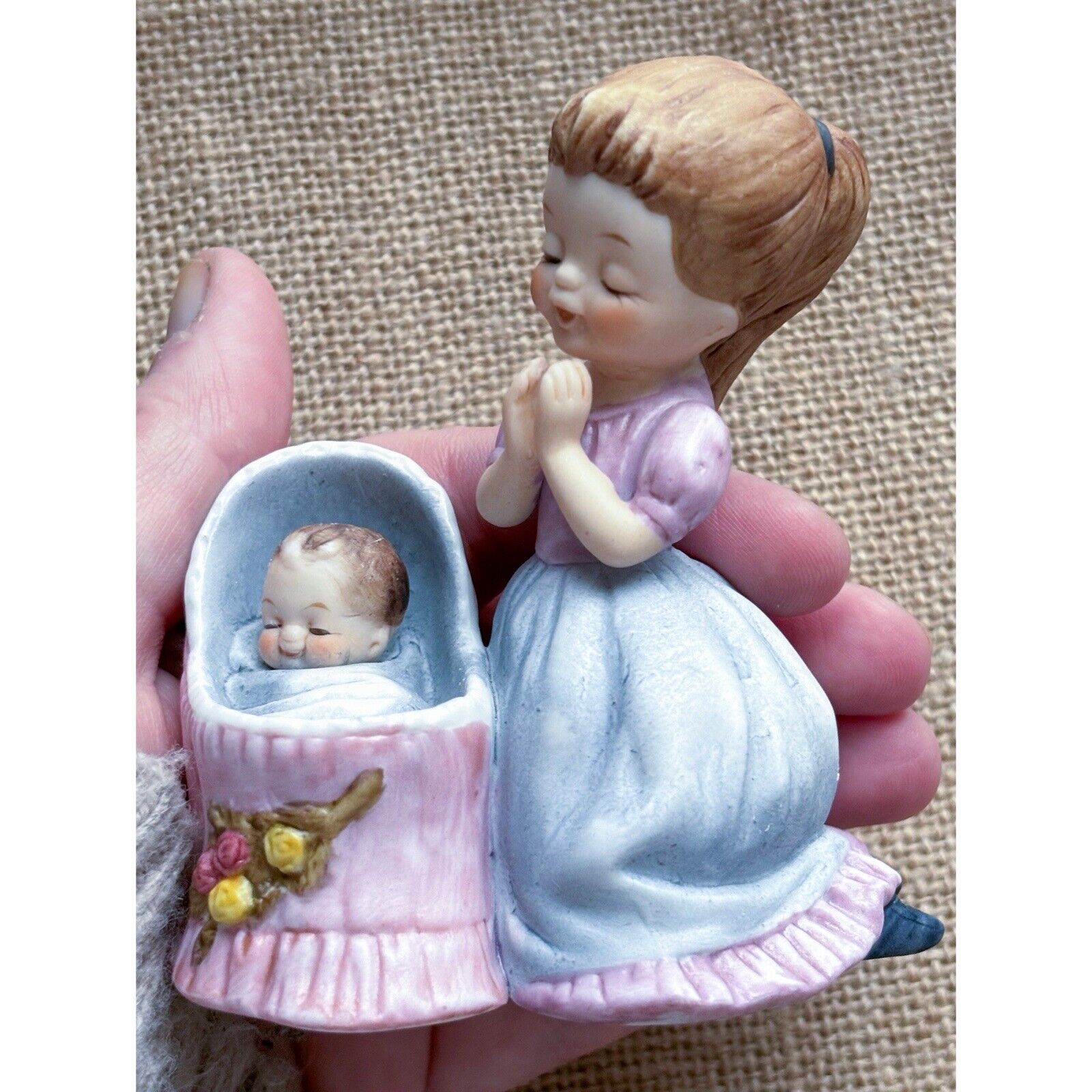 Vintage George Good Josef Original Praying Girl Baby Bassinet Porcelain Figurine