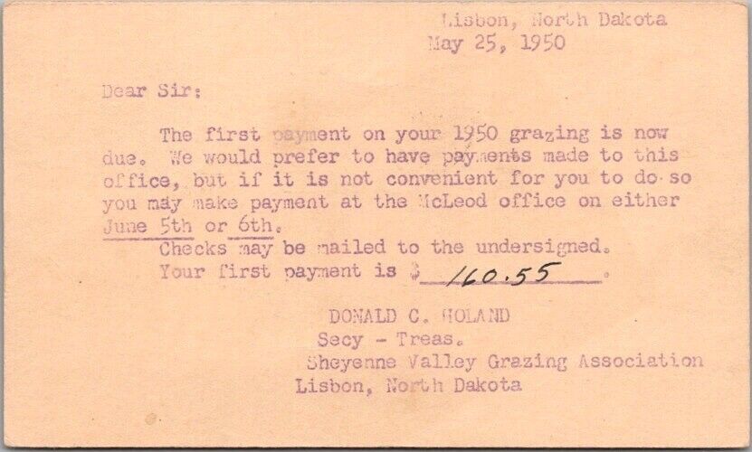 LISBON, North Dakota Postcard SHEYENNE VALLEY GRAZING ASSOCIATION - 1950 Cancel