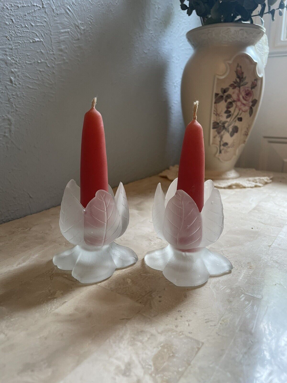 Pair of Vintage Handmade Pressed Clear Frosted Glass Tulip Votives