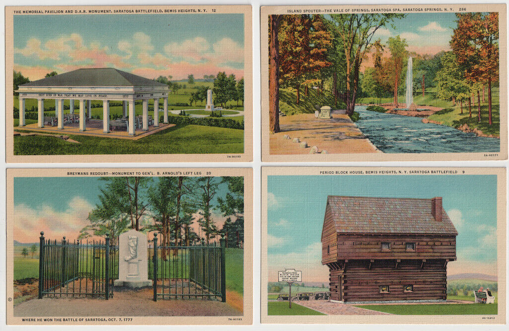 6 Vintage Unused Linen Postcards Saratoga Battlefield / Springs