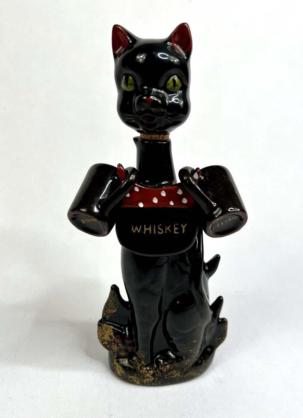 Vintage MCM Black Cat Whiskey Decanter w/ 2 Cups Artmark Japan Fire Molded Clay
