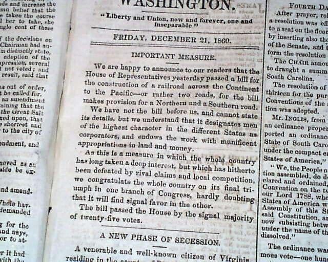 Great SOUTH CAROLINA Convention Ordinance of Secession Approved 1860 Newspaper