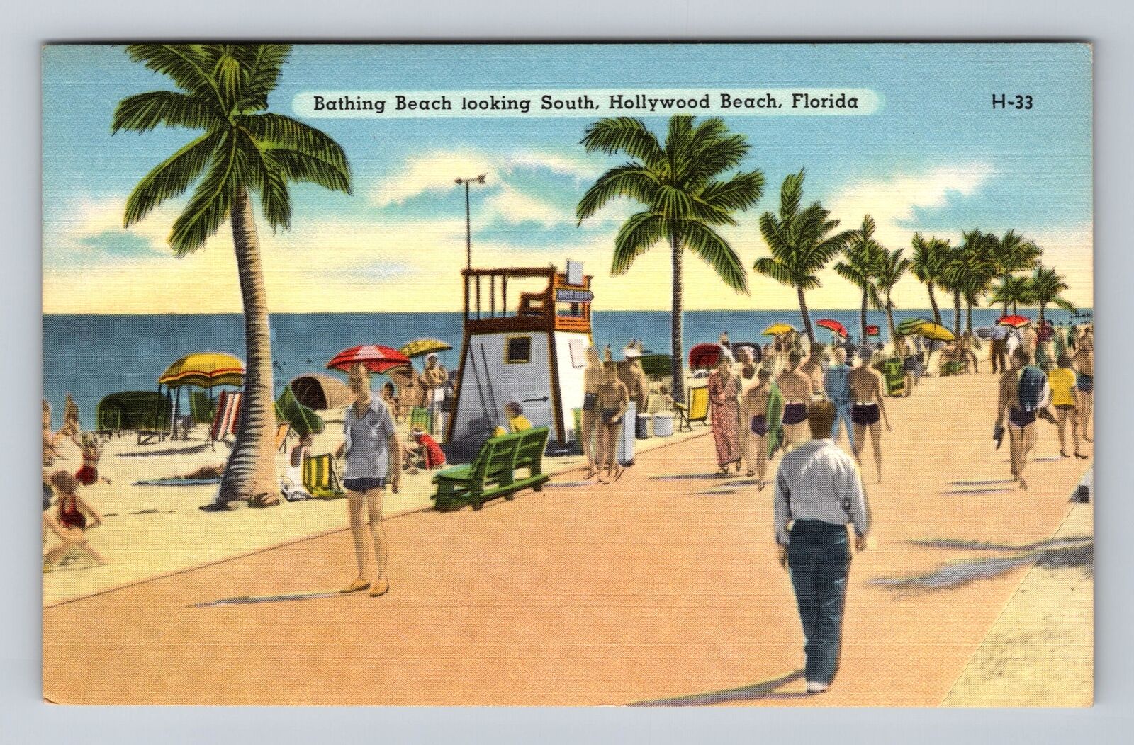 Hollywood FL-Florida, Bathing Beach Looking South, Antique Vintage Postcard