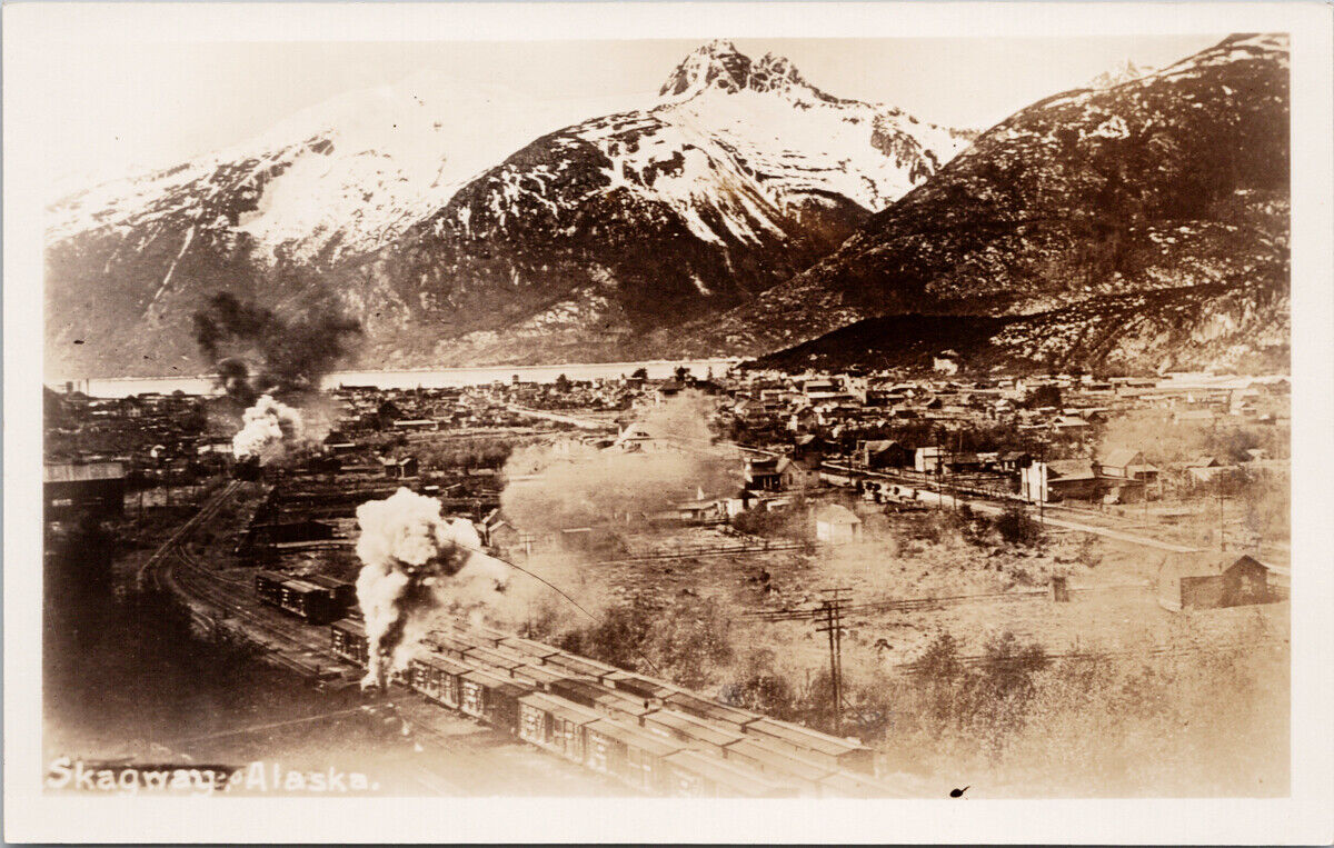 Skagway AK Alaska Birdseye Trains Railroad Unused Real Photo Postcard G73
