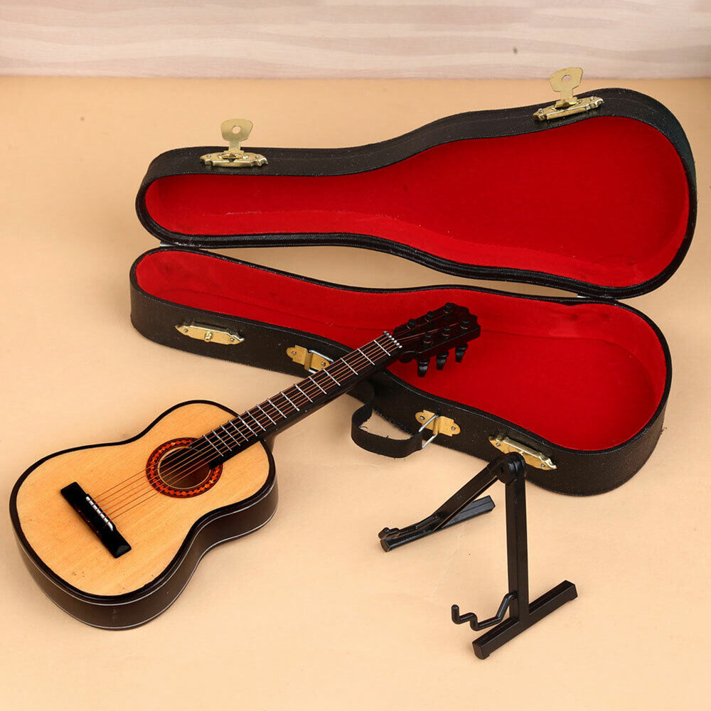 4” Mini Acoustic Guitar Wood Miniature Musical Instrument 1/12 Dollhouse Case