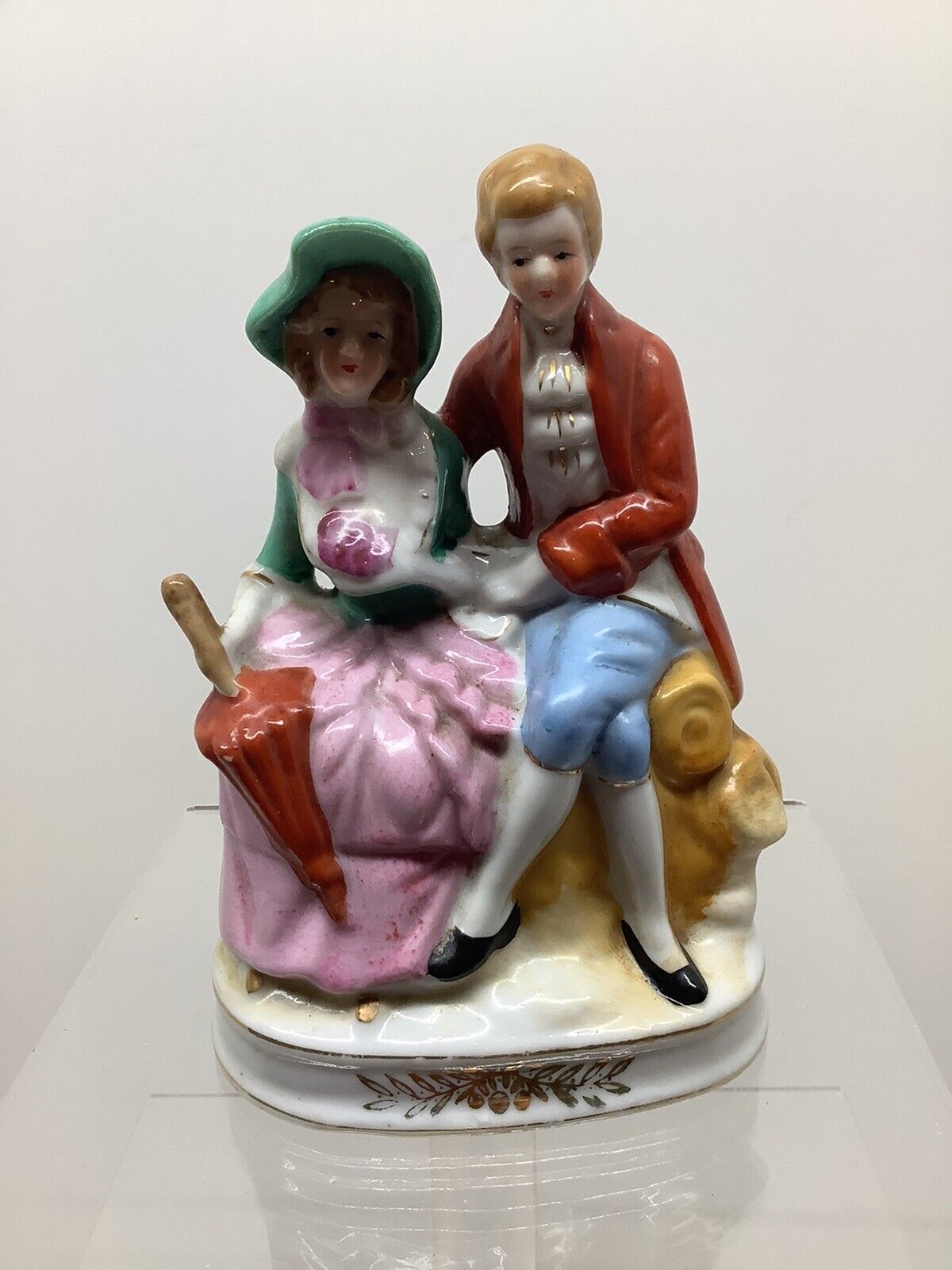 Vintage Occupied Japan Courting Couple porcelain figurine red green EUC