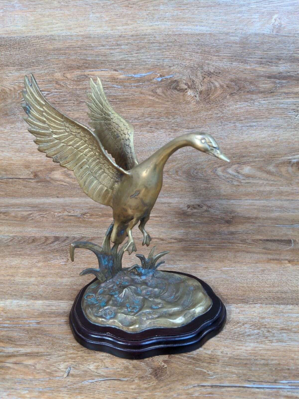 Vintage Solid Brass Flying Goose Duck Statue on Wood Base 10” High 7” Wide