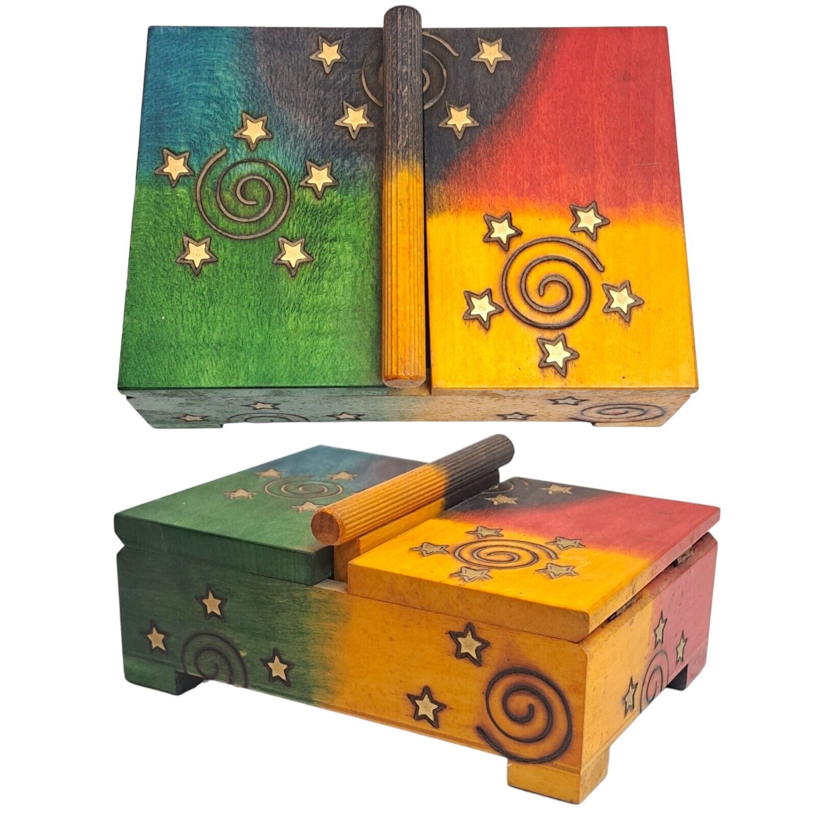 Enchanted World Of Boxes Stars Swirls Rainbow Wooden Trinket Box Removable Tray 