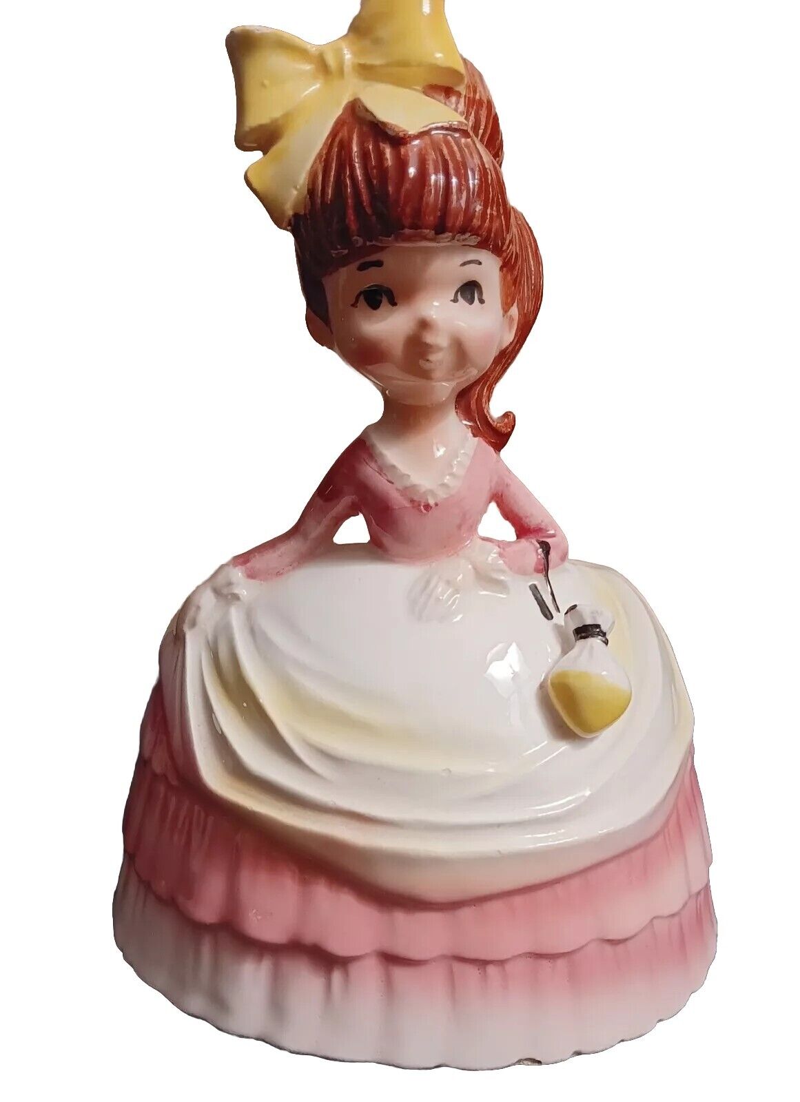 Inarco Vintage Ceramic Planter Girl Pink White Dress Big Yellow Bow JAPAN