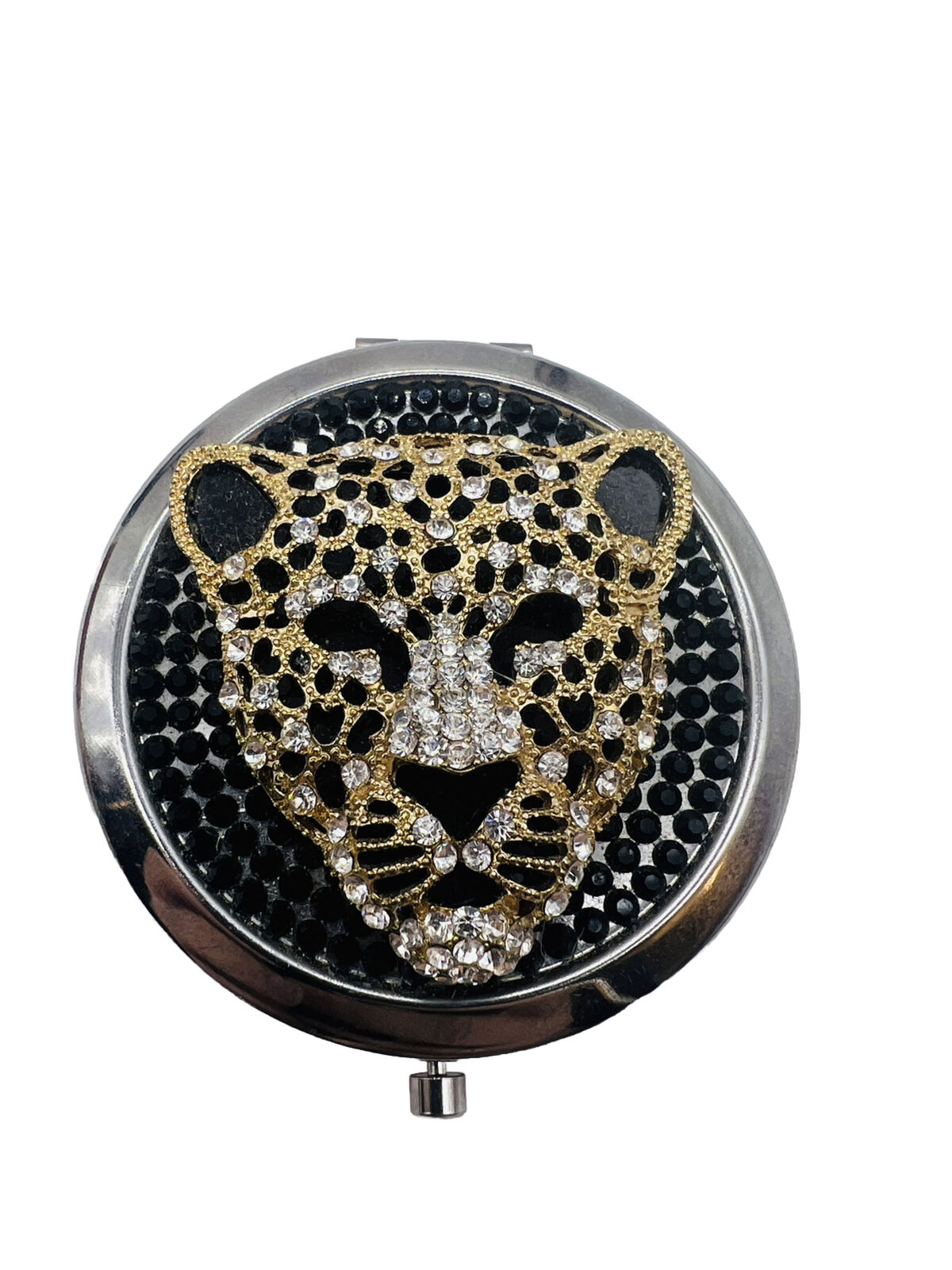 Vintage Leopard Double Mirror Compact Panther Big Cat Crystal 3 inch