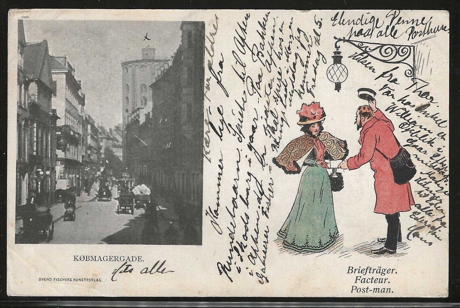 View of Kobmagergade, Copenhagen, Denmark, 1900, Woman & Mailman on Postcard