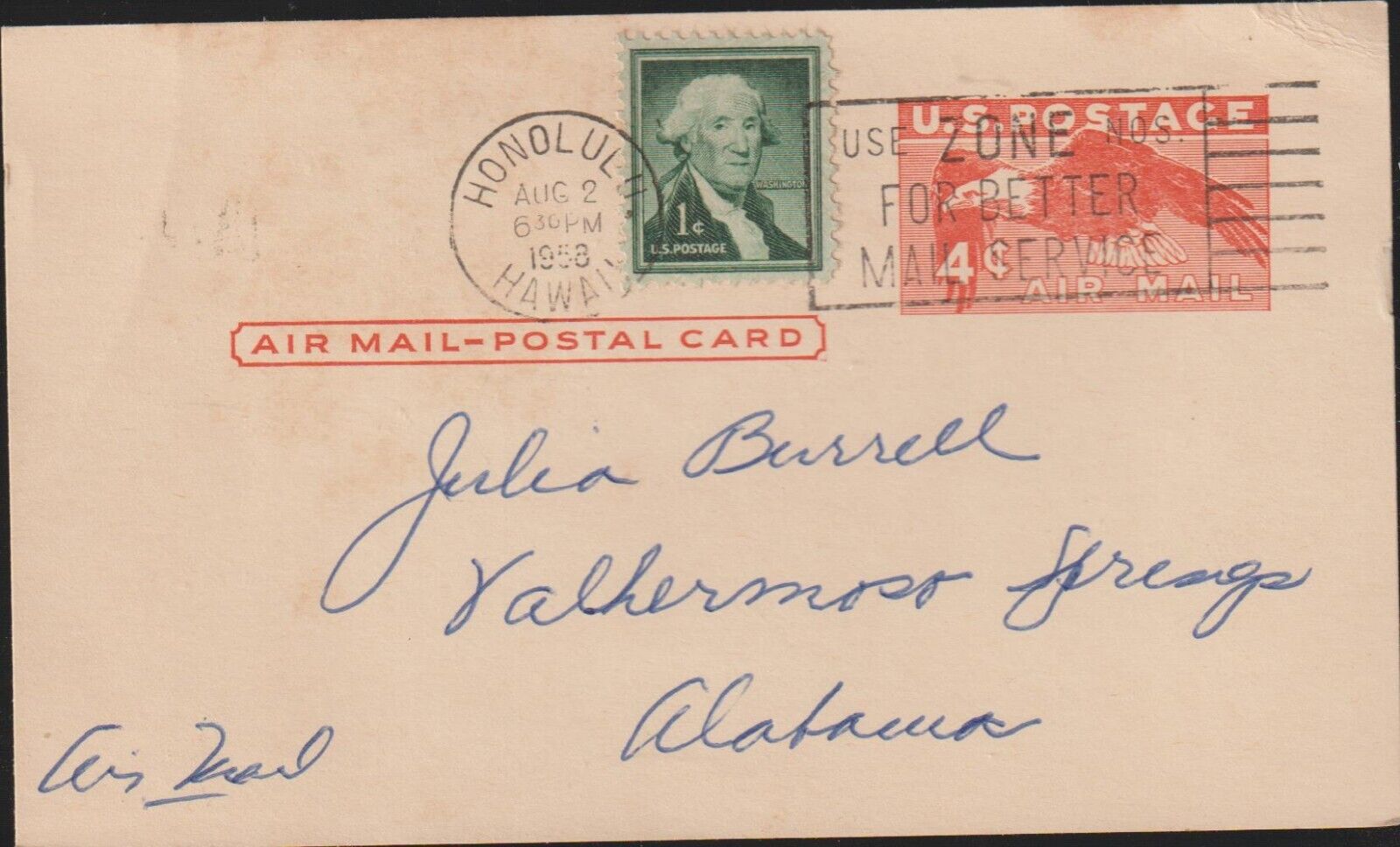 1958 Postal Card Honolulu Hawaii to Alabama Air Mail Postcard