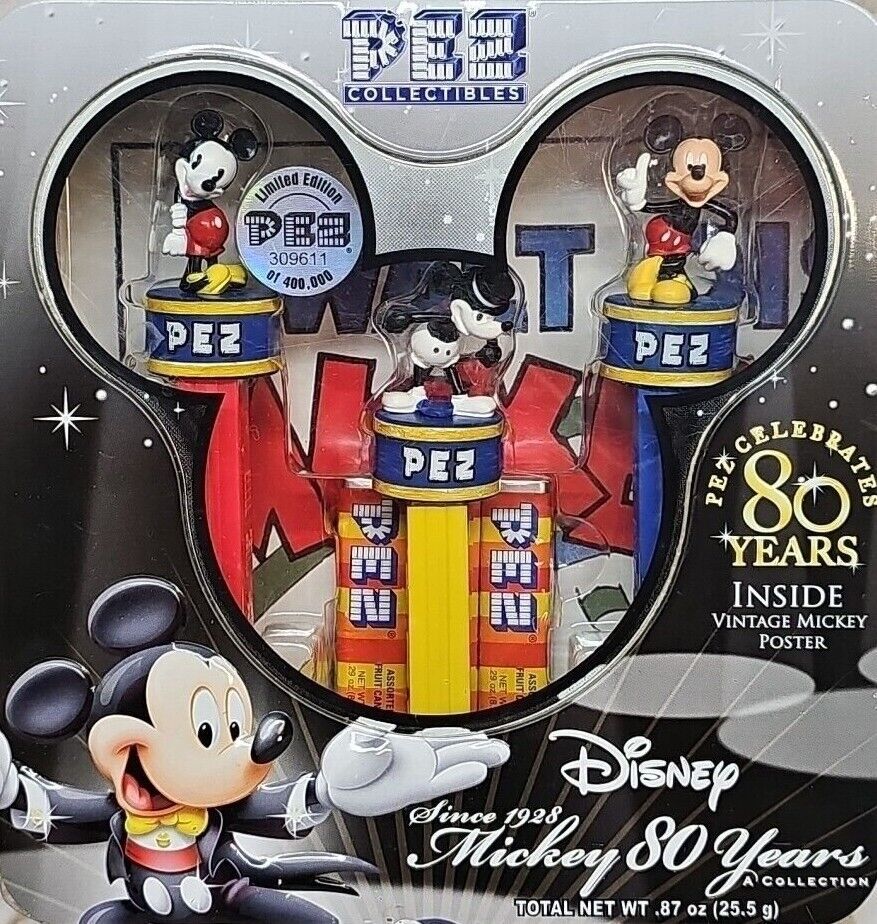 Vintage Disney Mickey Mouse 80th Anniversary Edition 3 Pez Dispensers w/Tin New 