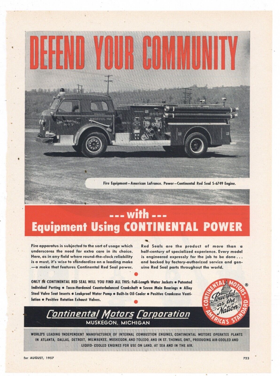 1957 Continental Fire Truck Engine Ad: Bristol, Virginia Fire Dept. Engine No. 7