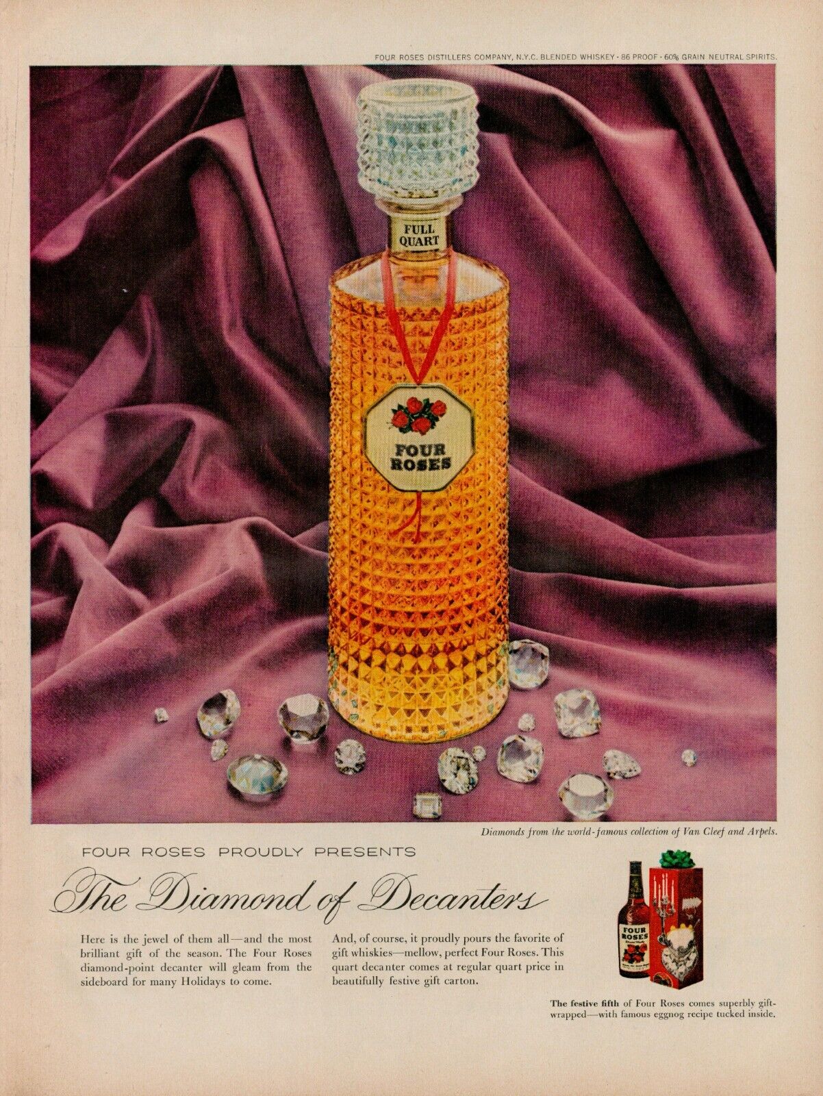 1959 Alcohol Whiskey Four Roses 1950s Vintage Print Ad Diamon Decanters Gift