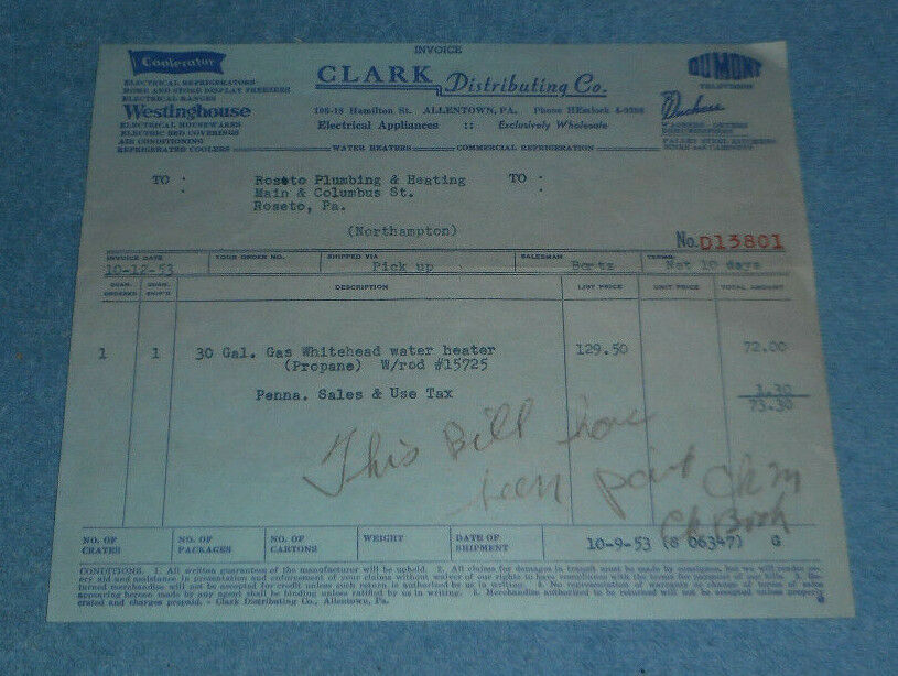 1953 Clark Distributing Co Electrical Appliances Wholesale Billhead Allentown PA