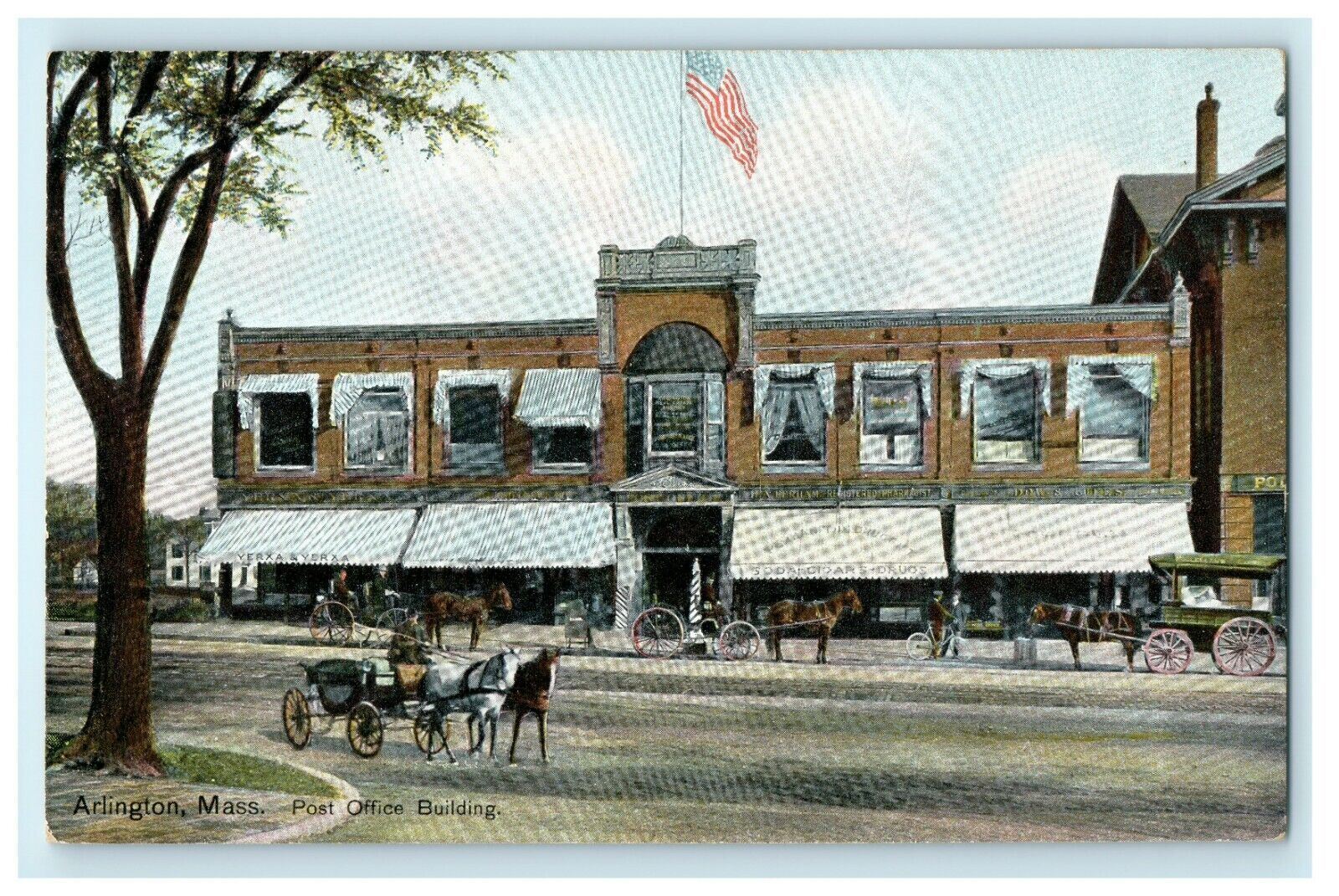 Arlington Massachusetts Post Office Building Horse Carriage MA Unposted Postcard