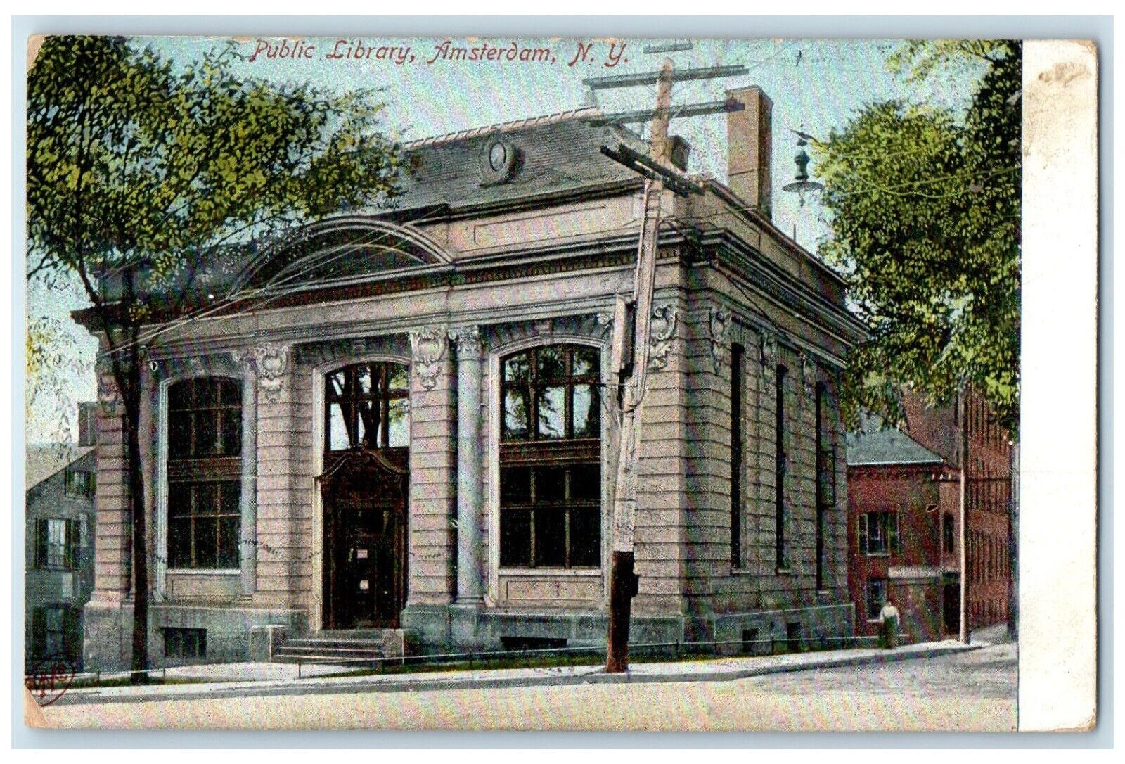 1908 Public Library Exterior Building Road Amsterdam New York Vintage Postcard