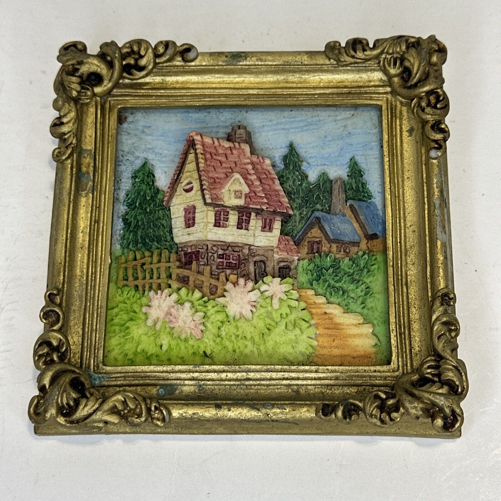 Vintage Country Cottage Cabin House Scene Cottagecore Resin Carved Wall Art 4”
