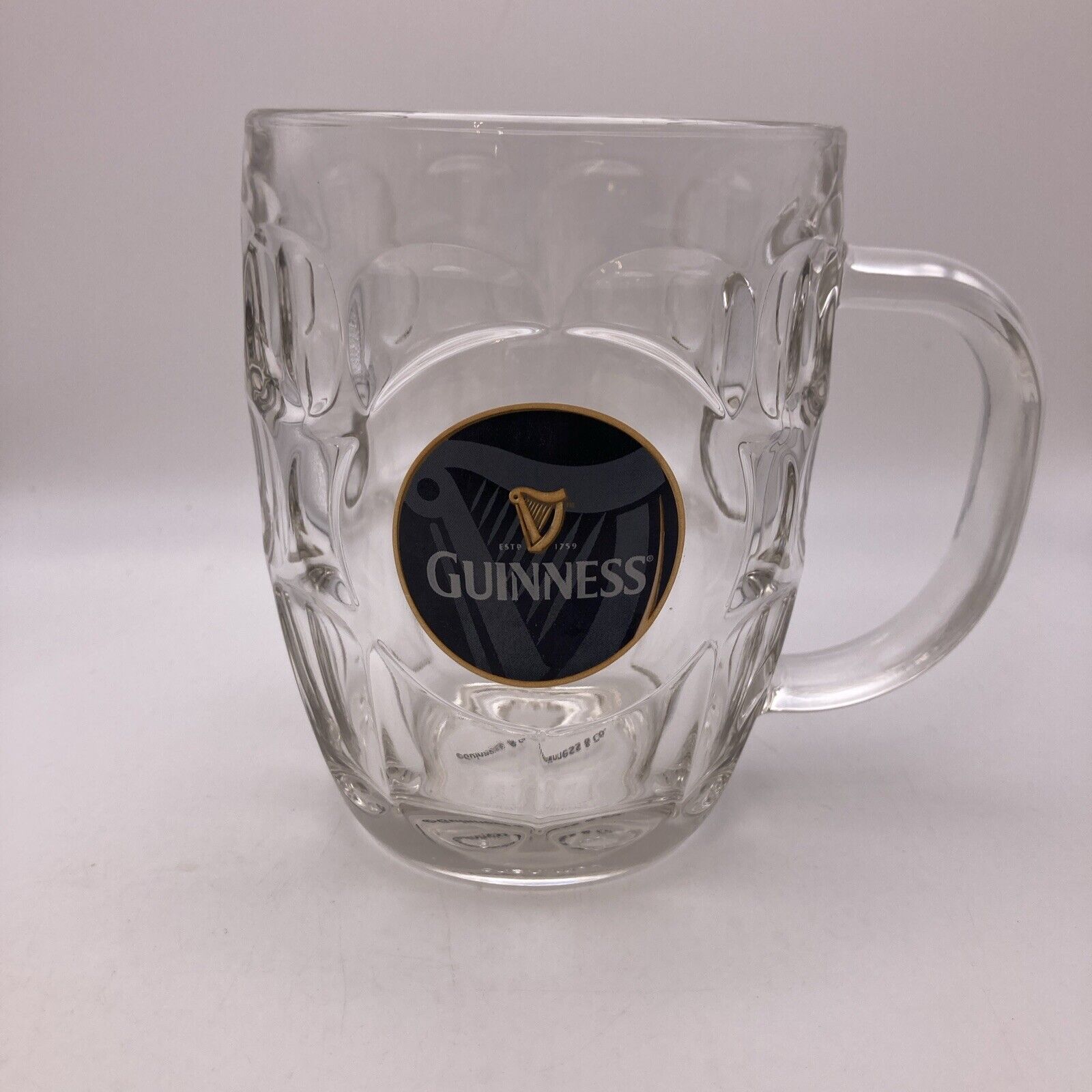 Guinness Glass Beer Mug Est 1759 Black Gold Harp Logo Dimpled, W/ Sticker On Bot