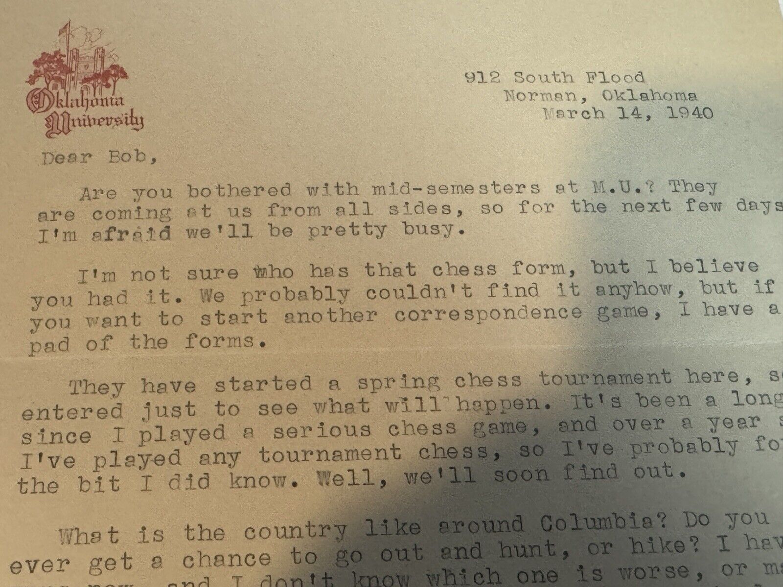 1940 Oklahoma University Letter Typed Chess Player Personal Letter