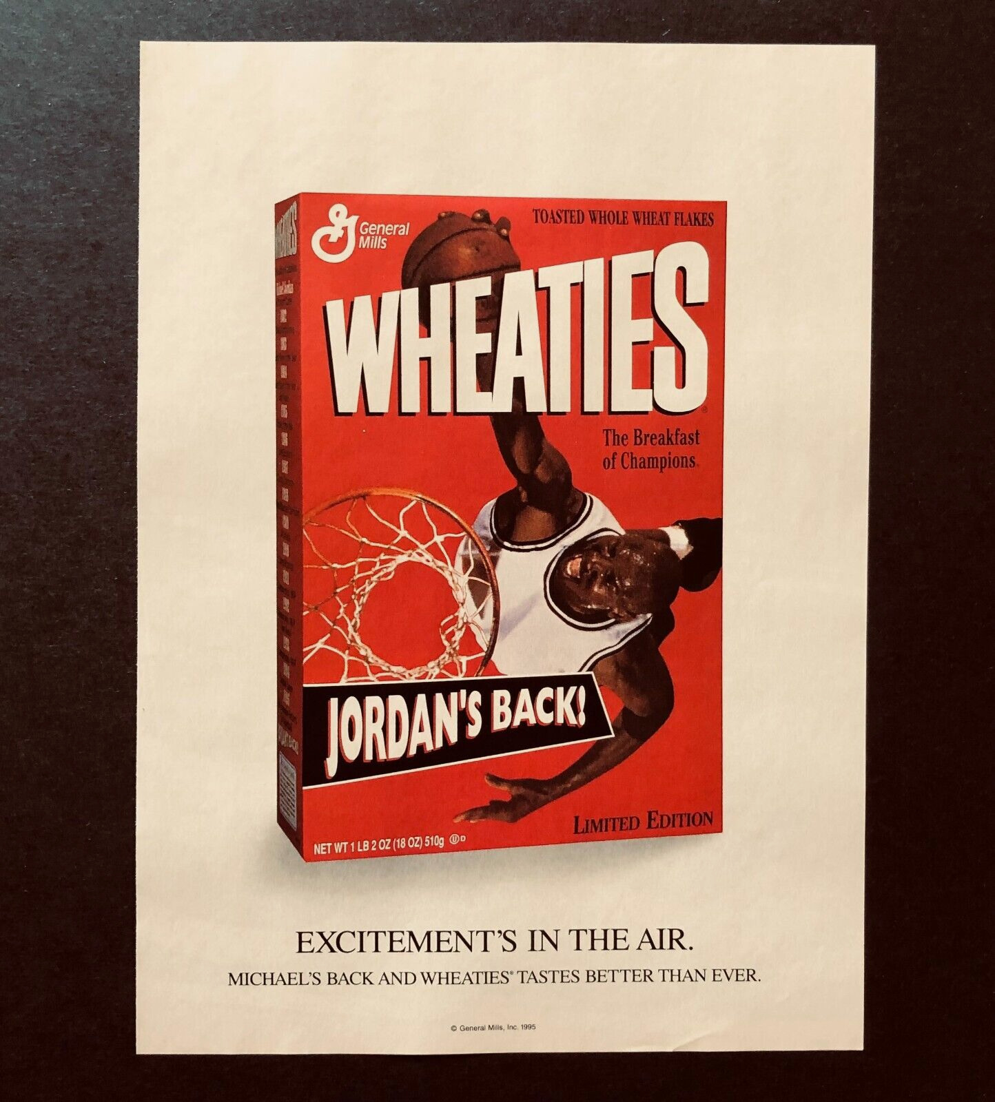 1995 Wheaties Advertisement Michael Jordan is Back Basketball Vintage Print AD