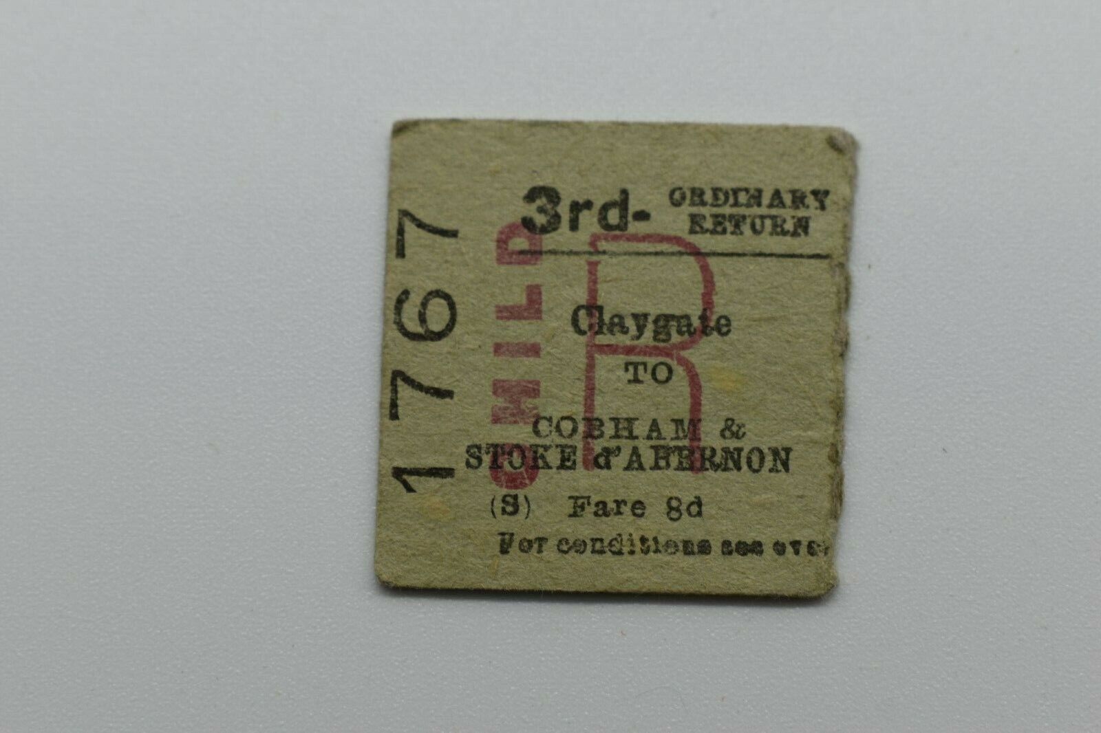 BTC Railway Ticket No 1767 CLAYGATE to COBHAM & STOKE D\'ABERNON 27SE66