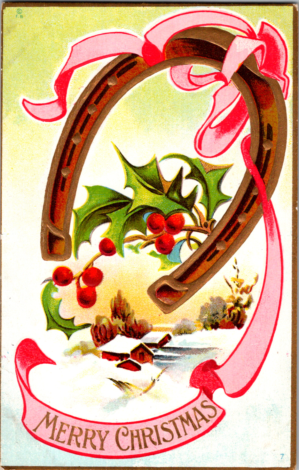 Vintage C. 1910 Merry Christmas Good Luck Horseshoe Winter Farm Postcard