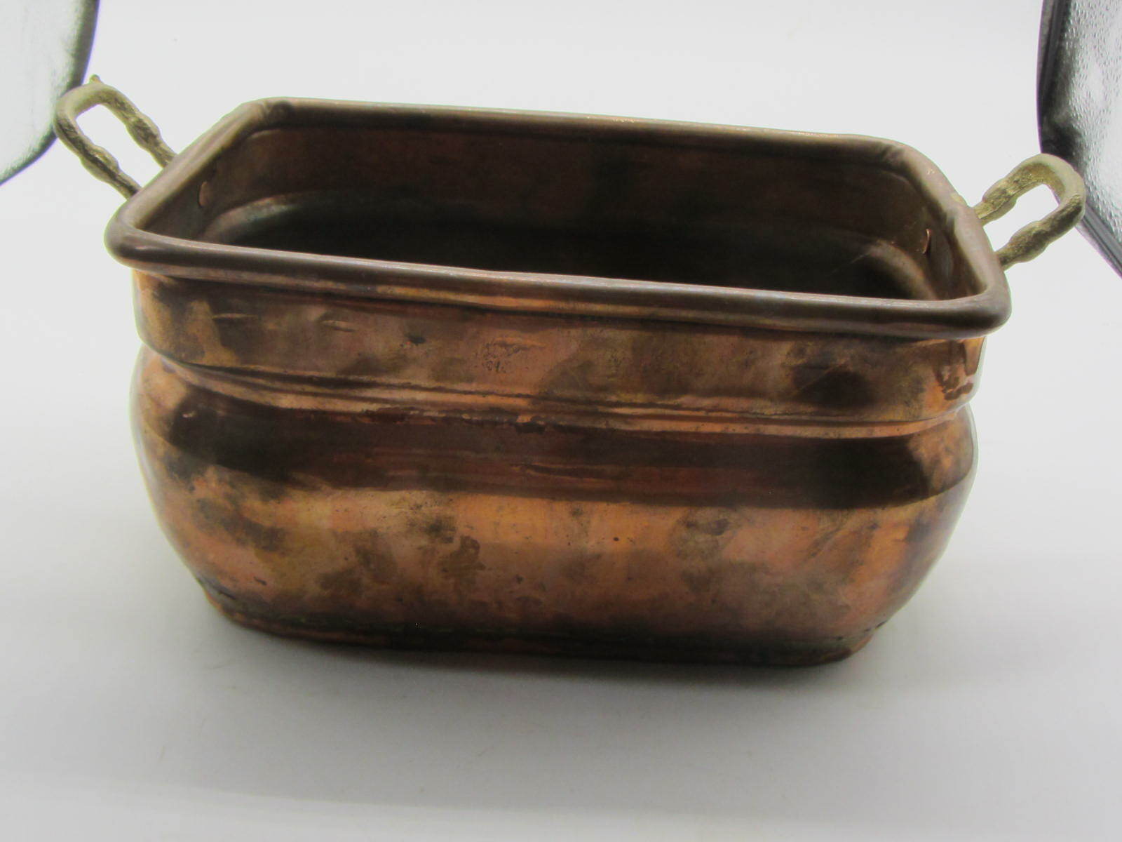 Vintage Handmade Rectangle Copper Bowl Dish Brass Hardware Handles 6.75\