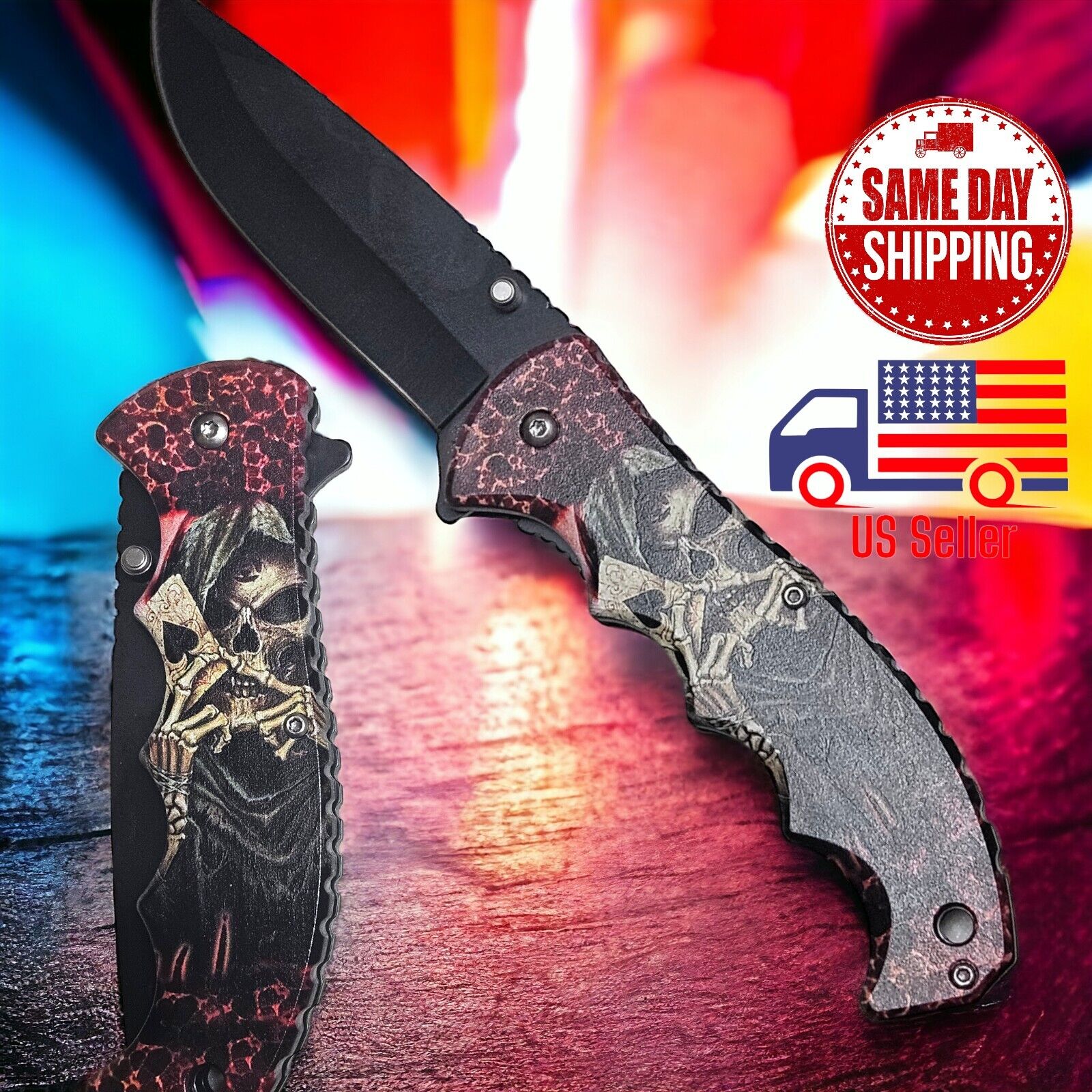 8.25” Skull Ace Of Spade Tactical Folding Pocket Knife Hunting Camping Woodwork