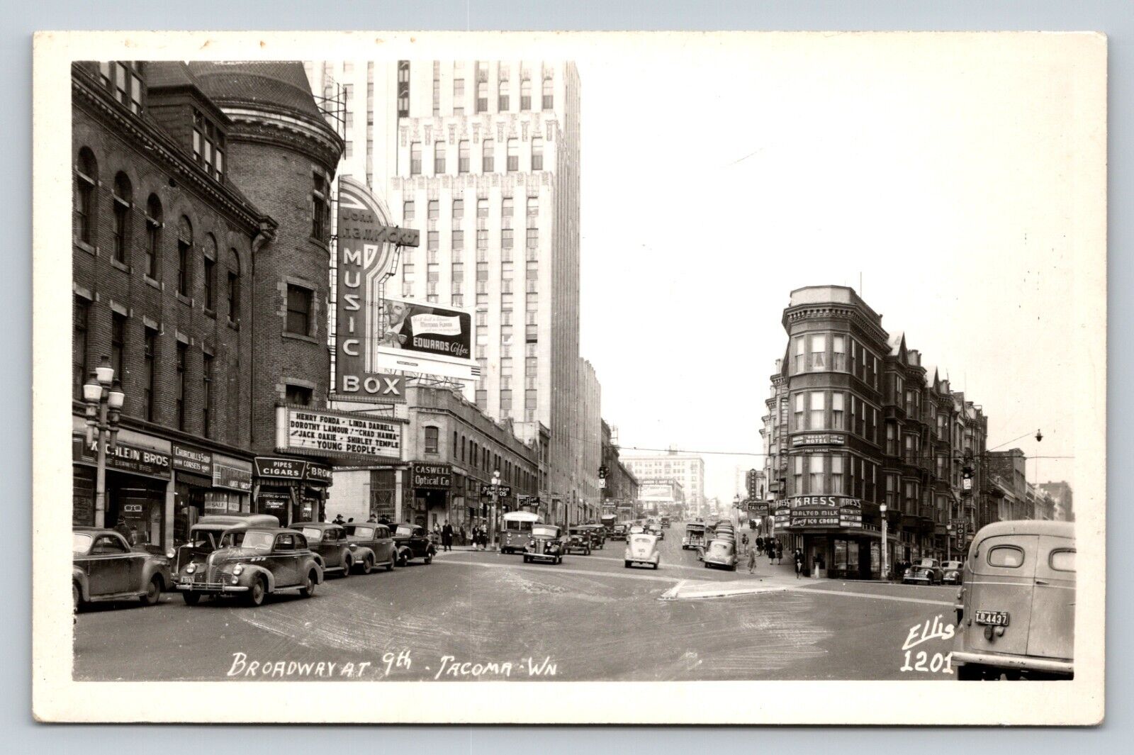 Early c1940s RPPC Broadway at 9th Old Cars Ads TACOMA Washington VTG Postcard