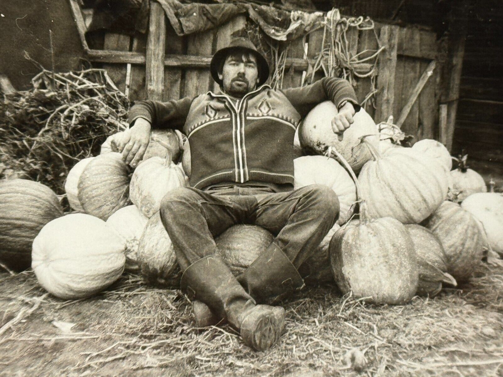 1980s Affectionate Handsome Rural Man Harvest of Giant Pumpkins Vintage Photo