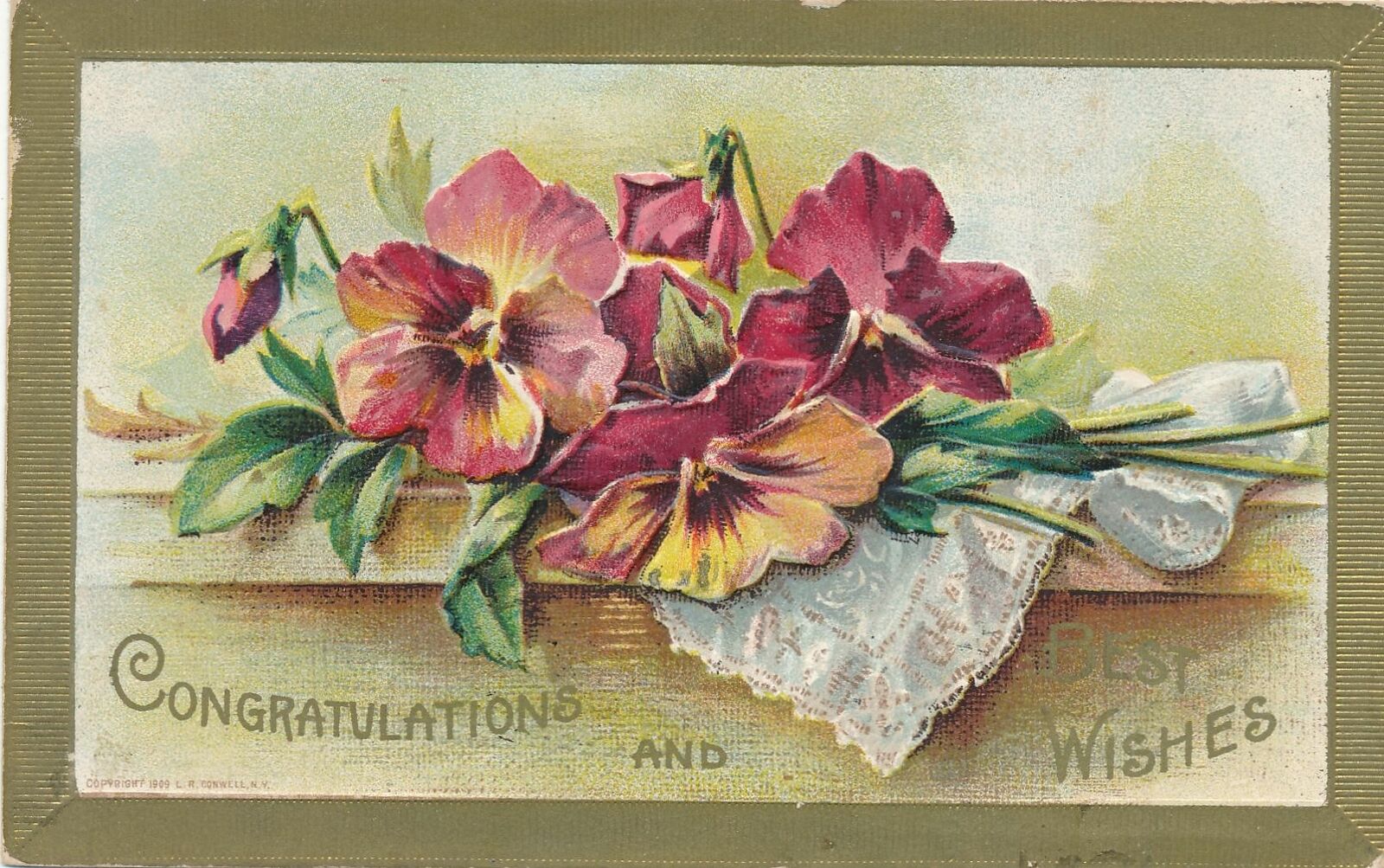 Flowers and Handkerchief Congratulations and Best Wishes Postcard - 1909