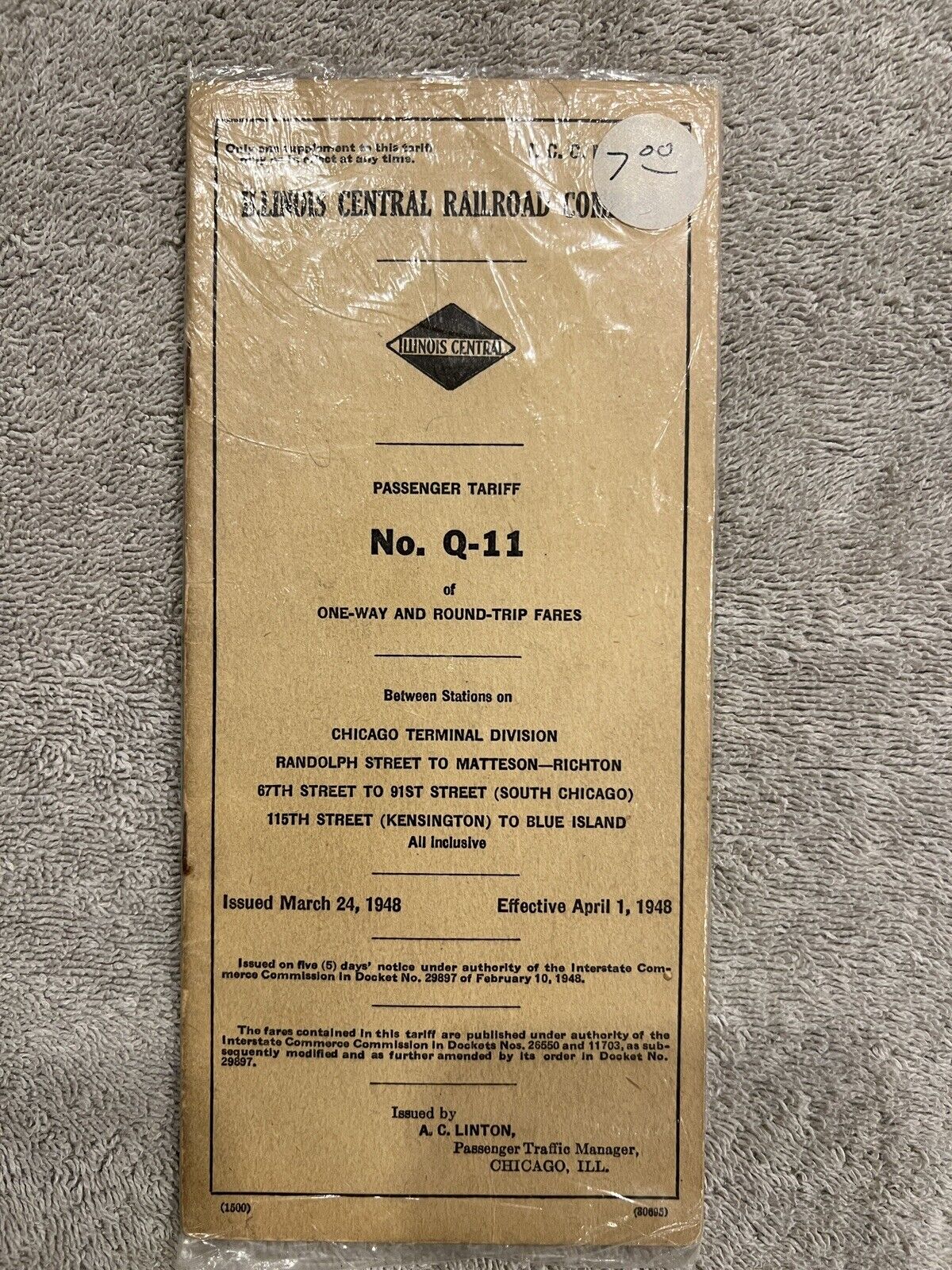 1948 Illinois Central Railroad Passenger Tariff, No. Q-11 of Trip Fares.  Used